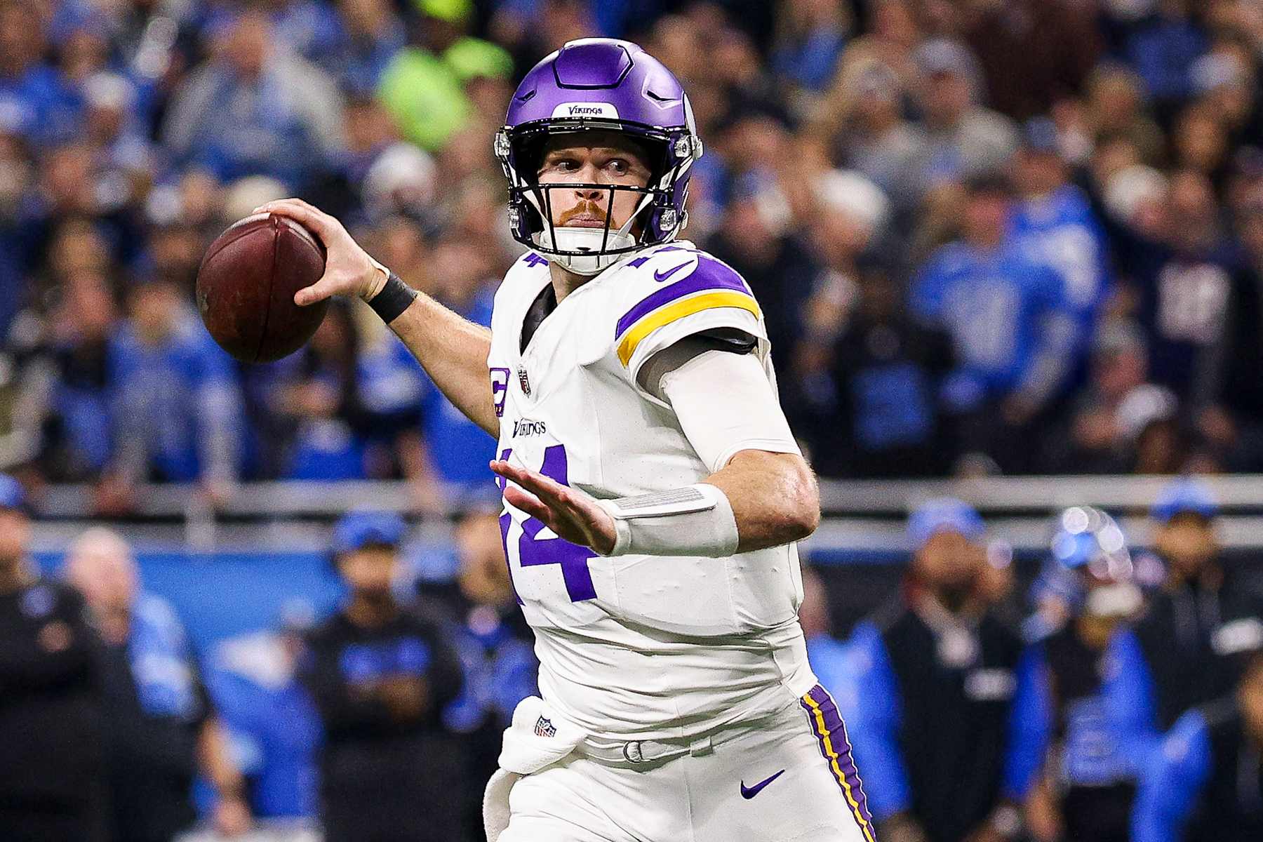DETROIT, MICHIGAN - JANUARY 05: Sam Darnold #14 of the Minnesota Vikings throws a pass in the third quarter of a game against the Detroit Lions at Ford Field on January 05, 2025 in Detroit, Michigan. (Photo by Mike Mulholland/Getty Images)