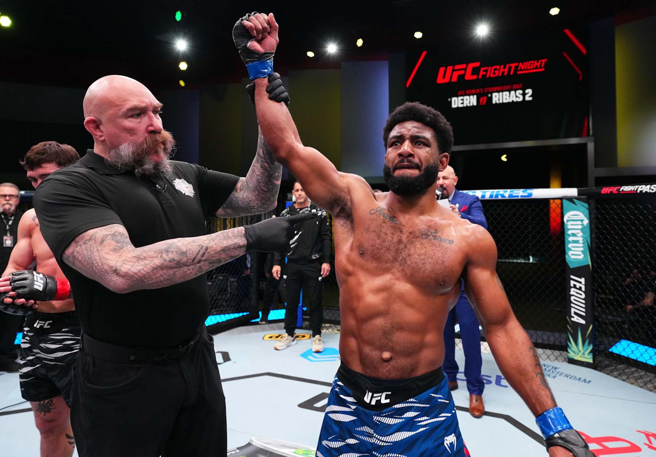 LAS VEGAS, NEVADA - JANUARY 11: Jacobe Smith reacts after a knockout victory against Preston Parsons in a welterweight fight during the UFC Fight Night event at UFC APEX on January 11, 2025 in Las Vegas, Nevada. (Photo by Chris Unger/Zuffa LLC via Getty Images)