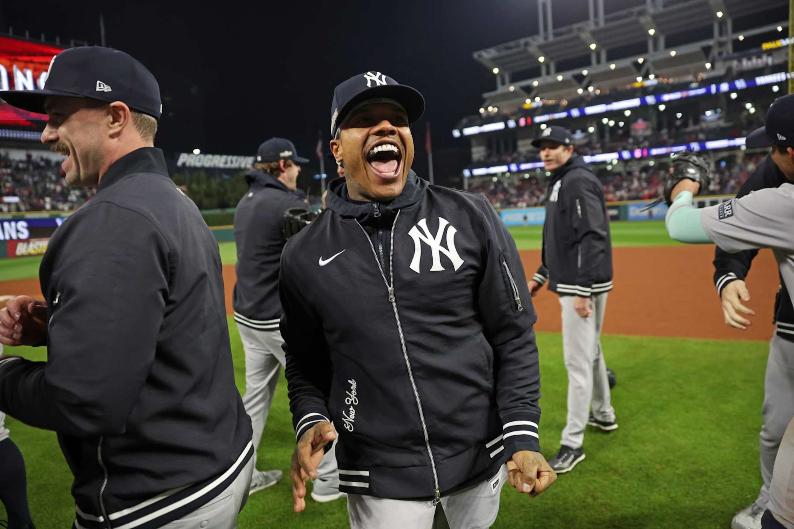CLEVELAND, OHIO - OCTOBER 19: Marcus Stroman #0 of the New York Yankees celebrates after winning Game Five of the American League Championship Series against the Cleveland Guardians at Progressive Field on October 19, 2024 in Cleveland, Ohio. (Photo by New York Yankees/Getty Images) CLEVELAND, OHIO - OCTOBER 19: Marcus Stroman #0 of the New York Yankees celebrates after winning Game Five of the American League Championship Series against the Cleveland Guardians at Progressive Field on October 19, 2024 in Cleveland, Ohio. (Photo by New York Yankees/Getty Images)