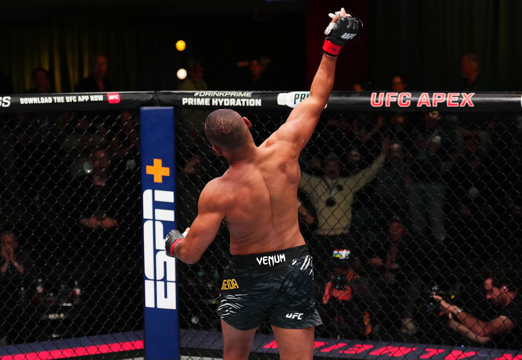 LAS VEGAS, NEVADA - JANUARY 11: Cesar Almeida of Brazil reacts after his knockout victory against Abdul Razak Alhassan of Ghana in a middleweight fight during the UFC Fight Night event at UFC APEX on January 11, 2025 in Las Vegas, Nevada. (Photo by Chris Unger/Zuffa LLC via Getty Images)