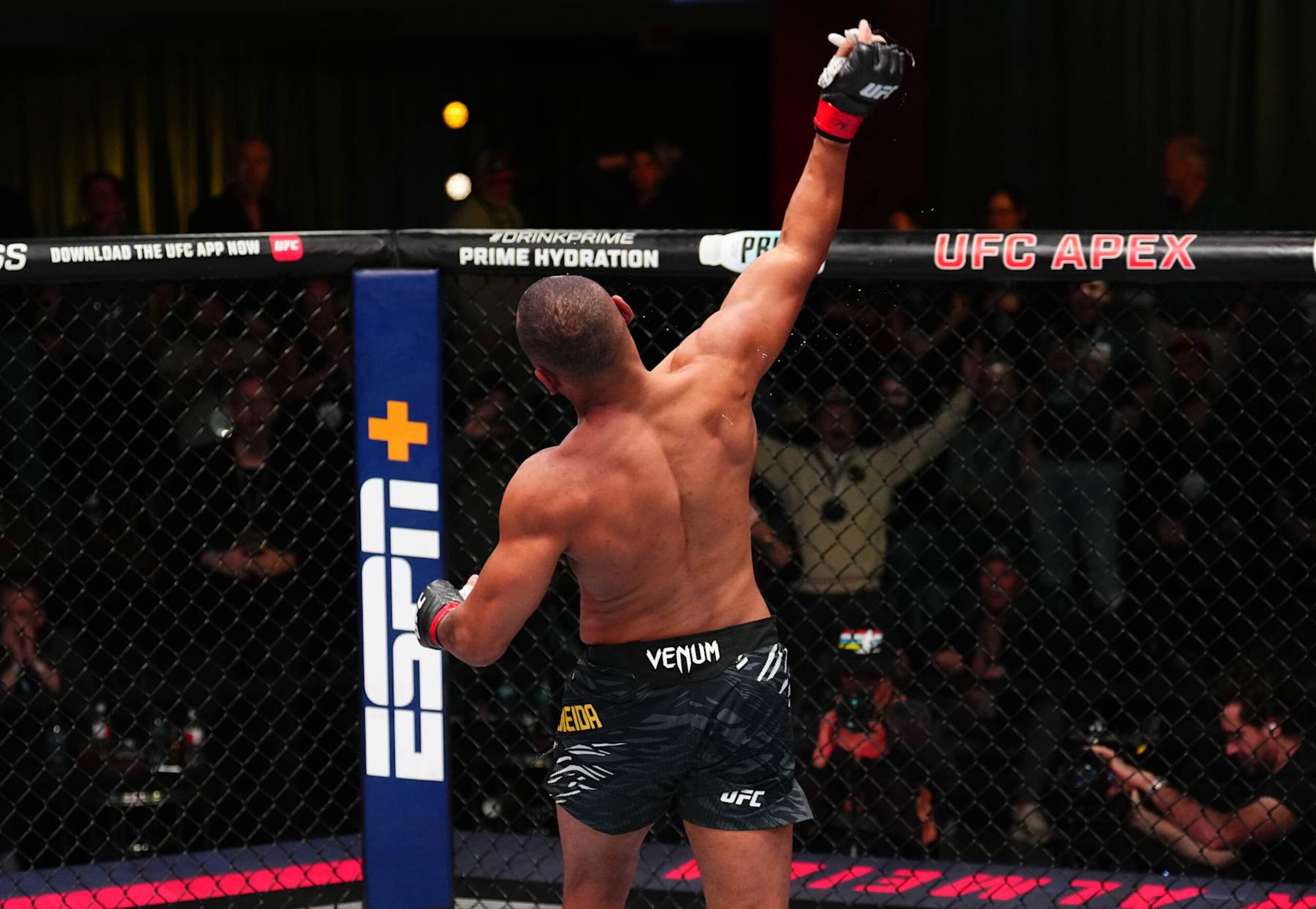 LAS VEGAS, NEVADA - JANUARY 11: Cesar Almeida of Brazil reacts after his knockout victory against Abdul Razak Alhassan of Ghana in a middleweight fight during the UFC Fight Night event at UFC APEX on January 11, 2025 in Las Vegas, Nevada. (Photo by Chris Unger/Zuffa LLC via Getty Images)