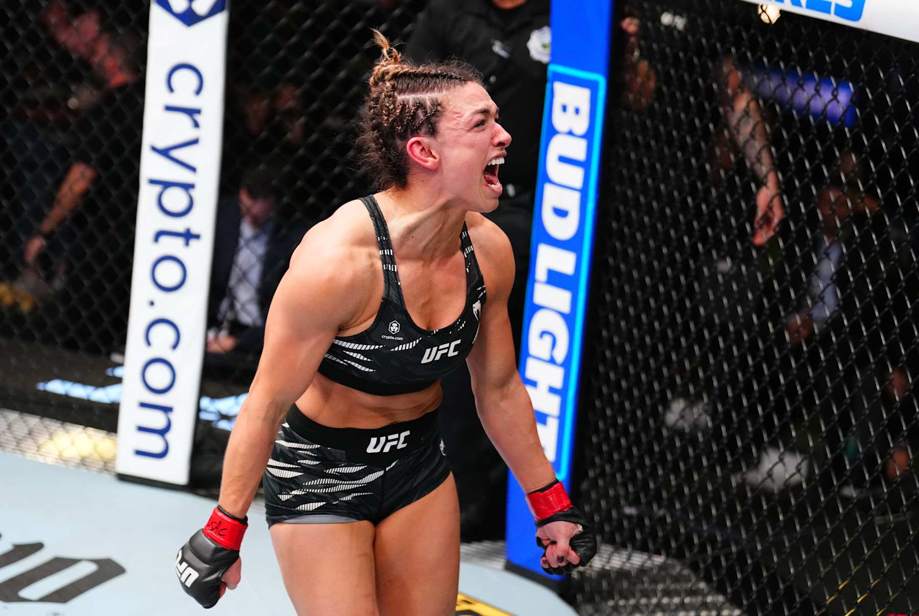 LAS VEGAS, NEVADA - JANUARY 11: Mackenzie Dern reacts after a submission victory against Amanda Ribas of Brazil in a strawweight fight during the UFC Fight Night event at UFC APEX on January 11, 2025 in Las Vegas, Nevada. (Photo by Chris Unger/Zuffa LLC via Getty Images)