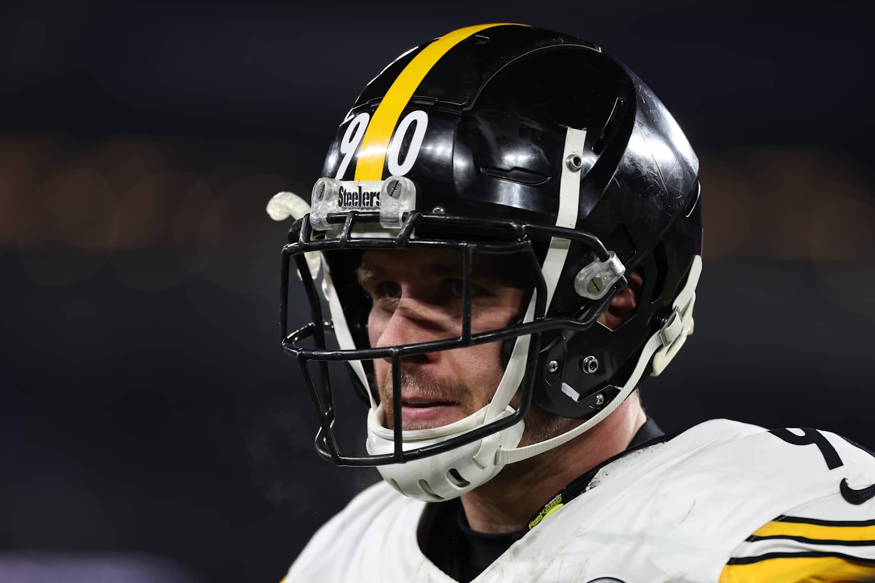 BALTIMORE, MARYLAND - JANUARY 11: T.J. Watt #90 of the Pittsburgh Steelers looks on during the second quarter against the Baltimore Ravens during the AFC Wild Card Playoff at M&T Bank Stadium on January 11, 2025 in Baltimore, Maryland.  (Photo by Scott Taetsch/Getty Images)