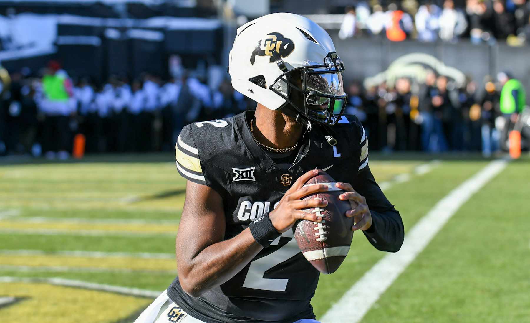 BOULDER, CO - NOVEMBER 29: Colorado quarterback Shedeur Sanders (2) in action during the college football game between the Oklahoma State University Cowboys and the University of Colorado Buffaloes on November 29, 2024 at Folsom Field in Boulder, CO. (Photo by Kevin Langley/Icon Sportswire via Getty Images)