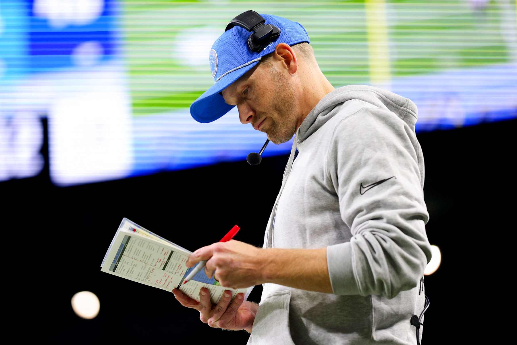 DETROIT, MICHIGAN - DECEMBER 15: Offensive coordinator Ben Johnson of the Detroit Lions looks on in the fourth quarter of a game against the Buffalo Bills at Ford Field on December 15, 2024 in Detroit, Michigan. (Photo by Mike Mulholland/Getty Images)