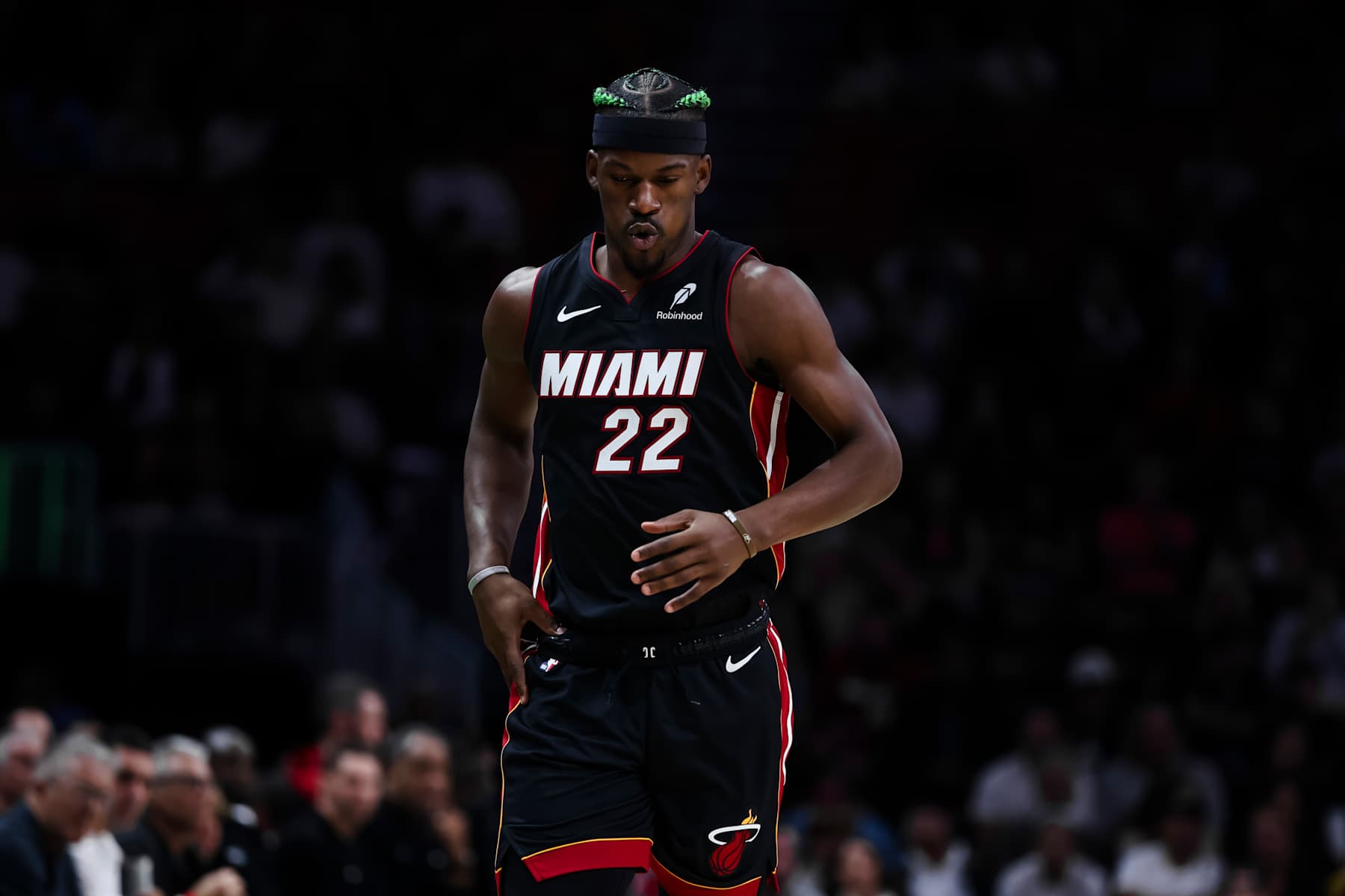 MIAMI, FLORIDA - JANUARY 02: Jimmy Butler #22 of the Miami Heat looks down during the first quarter against the Indiana Pacers at Kaseya Center on January 02, 2025 in Miami, Florida. NOTE TO USER: User expressly acknowledges and agrees that, by downloading and or using this photograph, User is consenting to the terms and conditions of the Getty Images License Agreement. (Photo by Brennan Asplen/Getty Images)