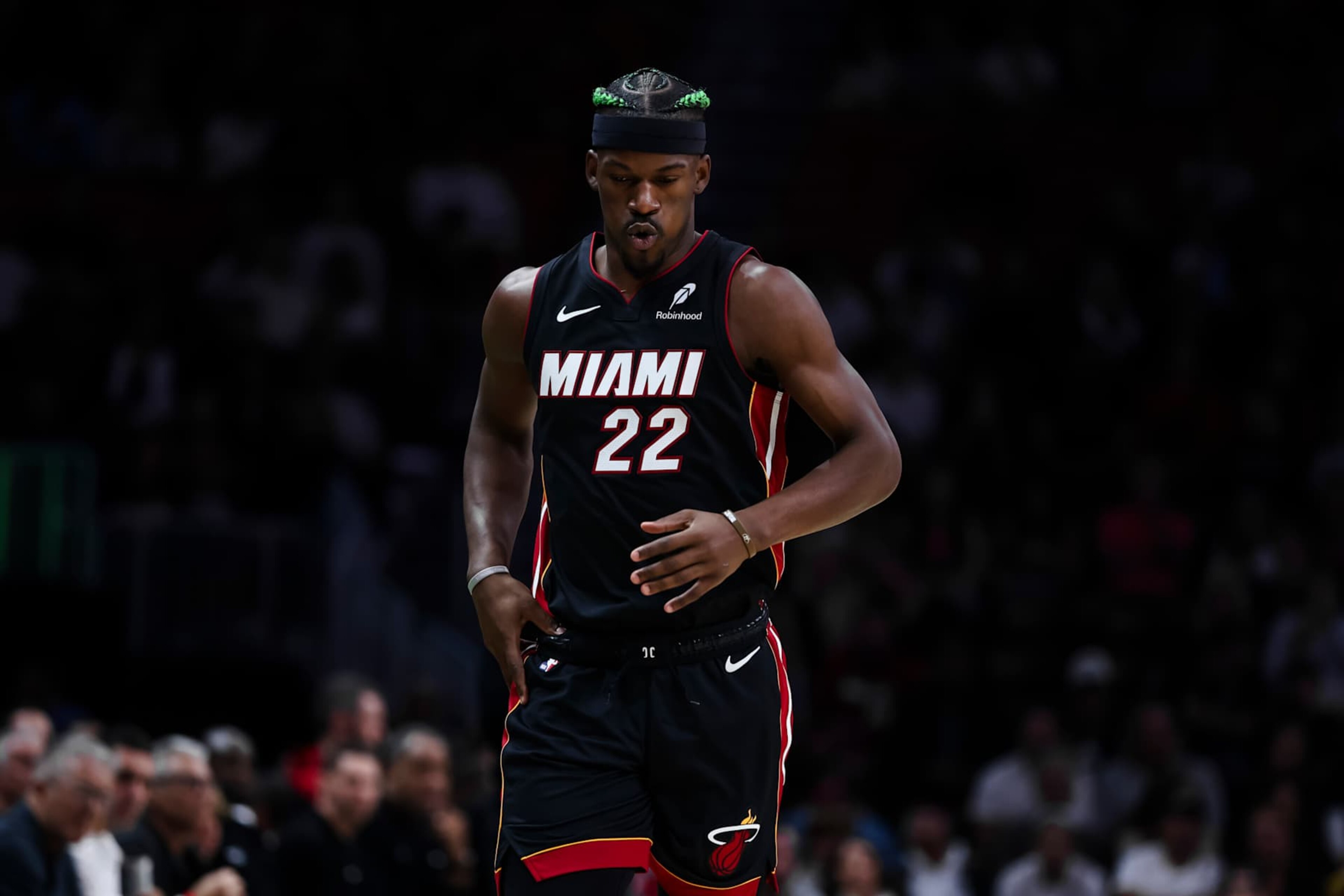 MIAMI, FLORIDA - JANUARY 02: Jimmy Butler #22 of the Miami Heat looks down during the first quarter against the Indiana Pacers at Kaseya Center on January 02, 2025 in Miami, Florida. NOTE TO USER: User expressly acknowledges and agrees that, by downloading and or using this photograph, User is consenting to the terms and conditions of the Getty Images License Agreement. (Photo by Brennan Asplen/Getty Images) MIAMI, FLORIDA - JANUARY 02: Jimmy Butler #22 of the Miami Heat looks down during the first quarter against the Indiana Pacers at Kaseya Center on January 02, 2025 in Miami, Florida. NOTE TO USER: User expressly acknowledges and agrees that, by downloading and or using this photograph, User is consenting to the terms and conditions of the Getty Images License Agreement. (Photo by Brennan Asplen/Getty Images)