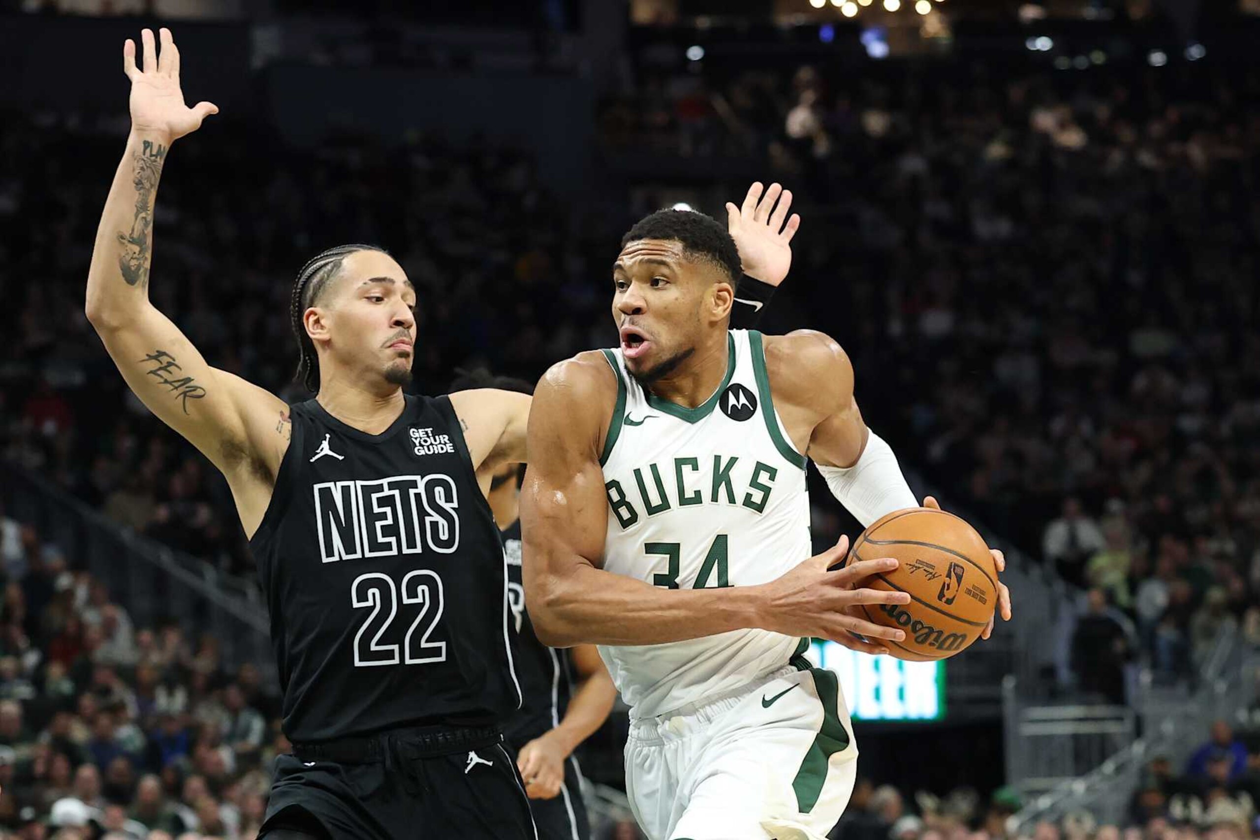 MILWAUKEE, WISCONSIN - JANUARY 02: Giannis Antetokounmpo #34 of the Milwaukee Bucks drives around Jalen Wilson #22 of the Brooklyn Nets during a game at Fiserv Forum on January 02, 2025 in Milwaukee, Wisconsin. The Nets defeated the Bucks 113-110. NOTE TO USER: User expressly acknowledges and agrees that, by downloading and or using this photograph, User is consenting to the terms and conditions of the Getty Images License Agreement. (Photo by Stacy Revere/Getty Images) MILWAUKEE, WISCONSIN - JANUARY 02: Giannis Antetokounmpo #34 of the Milwaukee Bucks drives around Jalen Wilson #22 of the Brooklyn Nets during a game at Fiserv Forum on January 02, 2025 in Milwaukee, Wisconsin. The Nets defeated the Bucks 113-110. NOTE TO USER: User expressly acknowledges and agrees that, by downloading and or using this photograph, User is consenting to the terms and conditions of the Getty Images License Agreement. (Photo by Stacy Revere/Getty Images)
