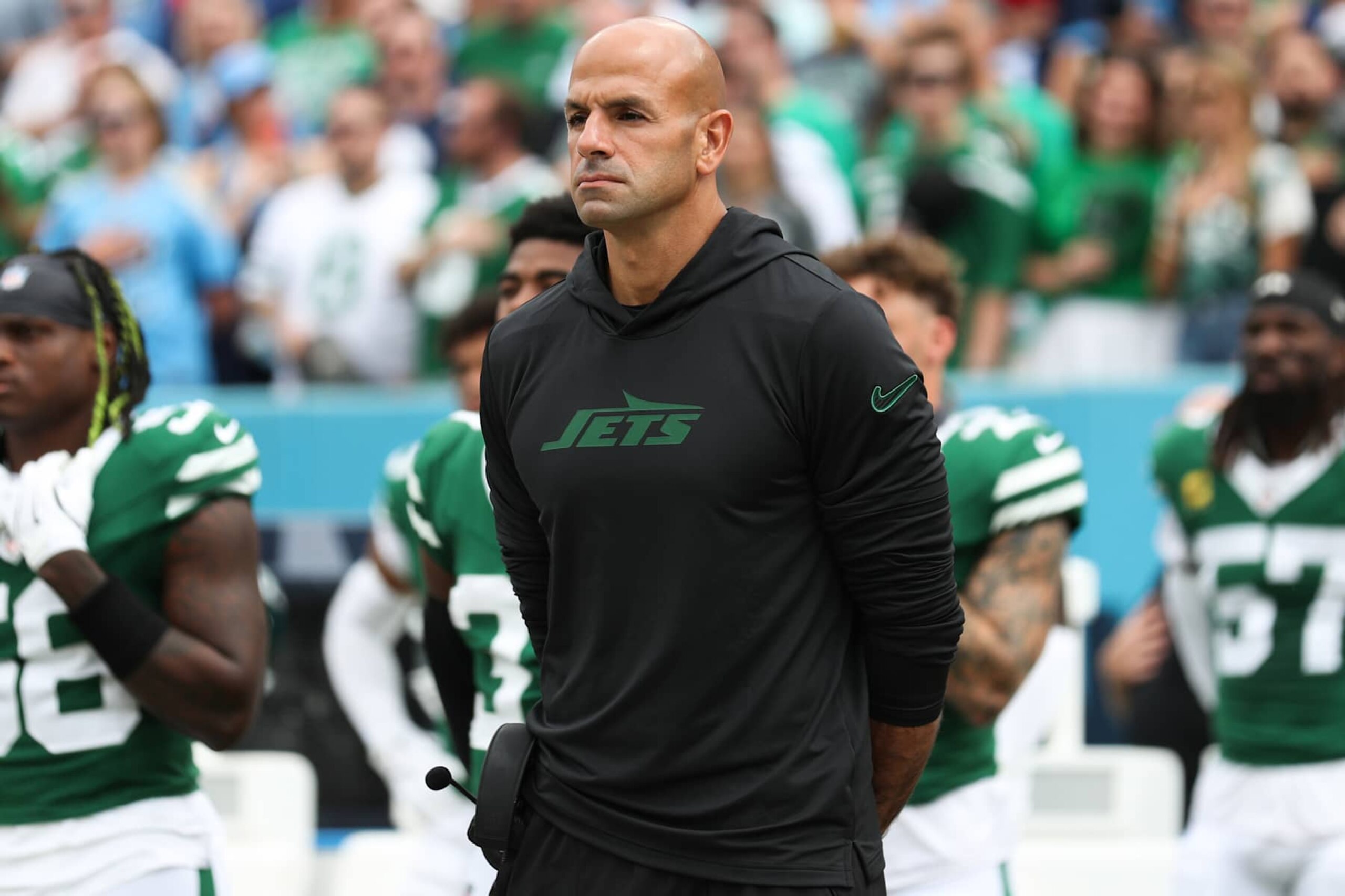 NASHVILLE, TENNESSEE - SEPTEMBER 15: New York Jets head coach Robert Saleh looks on before a game against the Tennessee Titans at Nissan Stadium on September 15, 2024 in Nashville, Tennessee. (Photo by Justin Ford/Getty Images) NASHVILLE, TENNESSEE - SEPTEMBER 15: New York Jets head coach Robert Saleh looks on before a game against the Tennessee Titans at Nissan Stadium on September 15, 2024 in Nashville, Tennessee. (Photo by Justin Ford/Getty Images)