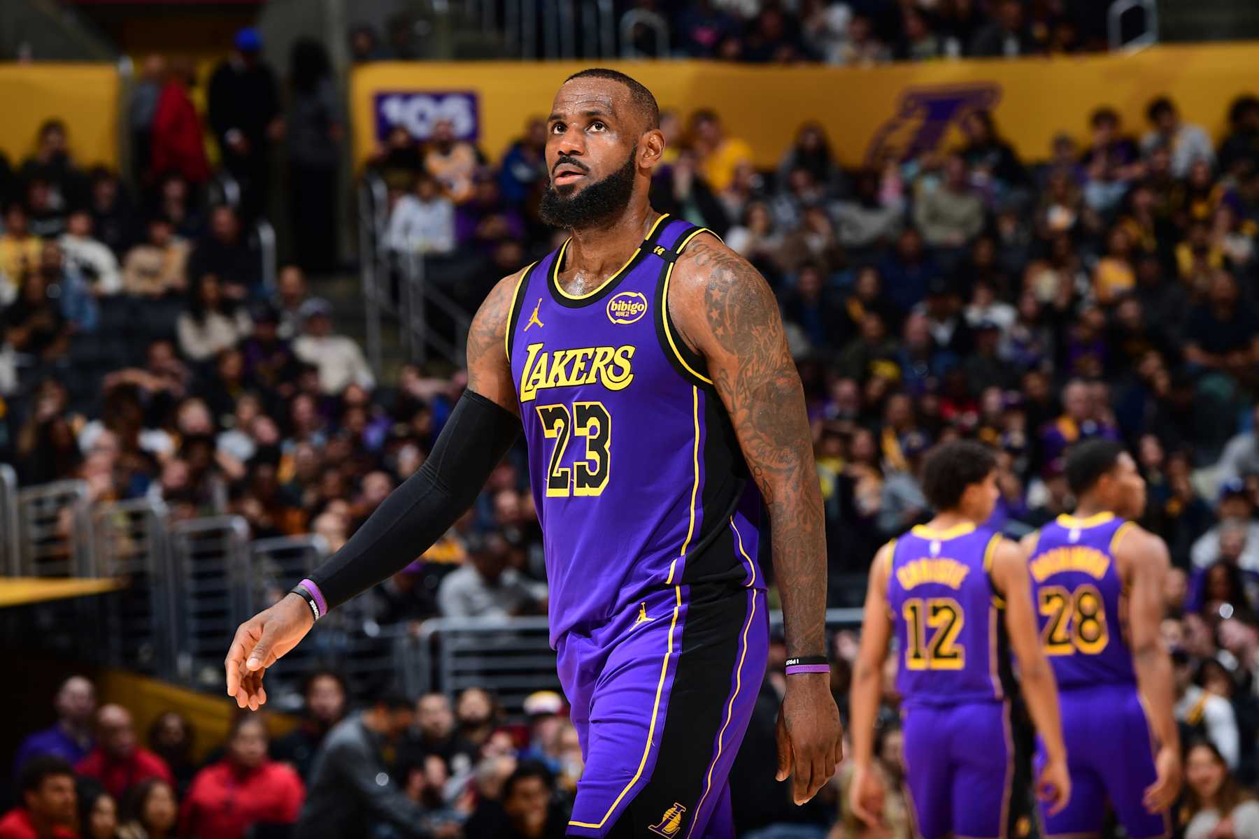 LOS ANGELES, CA - JANUARY 3: LeBron James #23 of the Los Angeles Lakers looks on during the game against the Atlanta Hawks on January 3, 2025 at Crypto.Com Arena in Los Angeles, California. NOTE TO USER: User expressly acknowledges and agrees that, by downloading and/or using this Photograph, user is consenting to the terms and conditions of the Getty Images License Agreement. Mandatory Copyright Notice: Copyright 2025 NBAE (Photo by Adam Pantozzi/NBAE via Getty Images)
