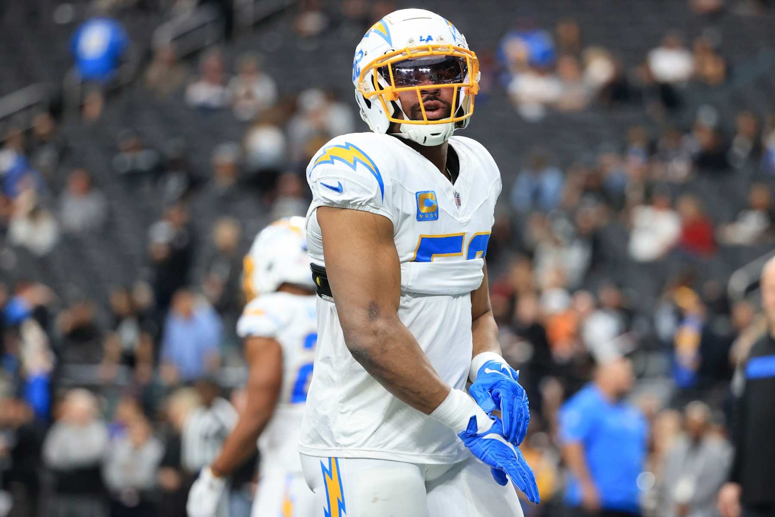LAS VEGAS, NEVADA - JANUARY 05: Khalil Mack #52 of the Los Angeles Chargers looks on prior to a game against the Las Vegas Raiders at Allegiant Stadium on January 05, 2025 in Las Vegas, Nevada. (Photo by Ian Maule/Getty Images)