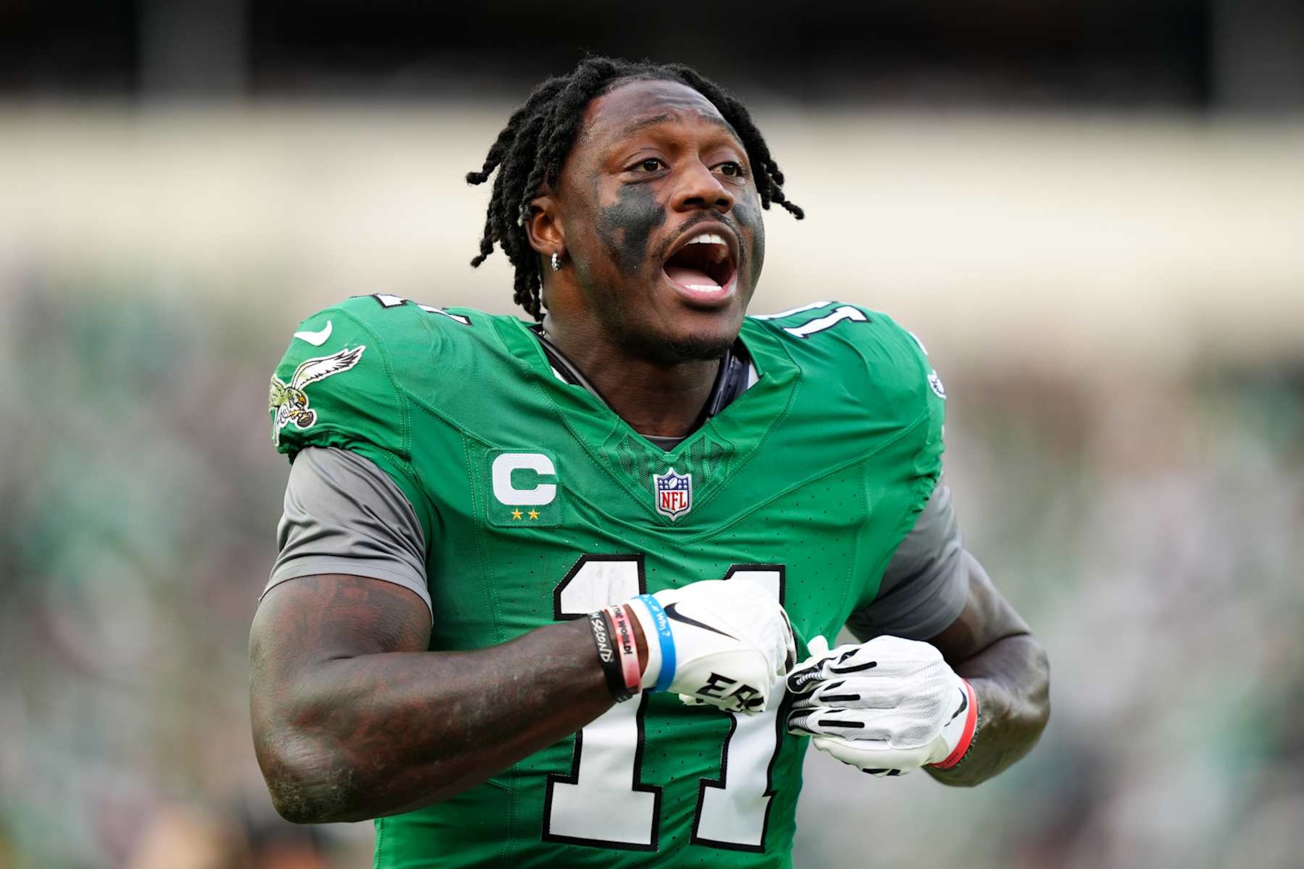 PHILADELPHIA, PA - DECEMBER 29: Philadelphia Eagles wide receiver A.J. Brown (11) reacts to a fan in the second half during the game between the Dallas Cowboys and Philadelphia Eagles on December 29, 2024 at Lincoln Financial Field in Philadelphia, PA. (Photo by Kyle Ross/Icon Sportswire via Getty Images) PHILADELPHIA, PA - DECEMBER 29: Philadelphia Eagles wide receiver A.J. Brown (11) reacts to a fan in the second half during the game between the Dallas Cowboys and Philadelphia Eagles on December 29, 2024 at Lincoln Financial Field in Philadelphia, PA. (Photo by Kyle Ross/Icon Sportswire via Getty Images)