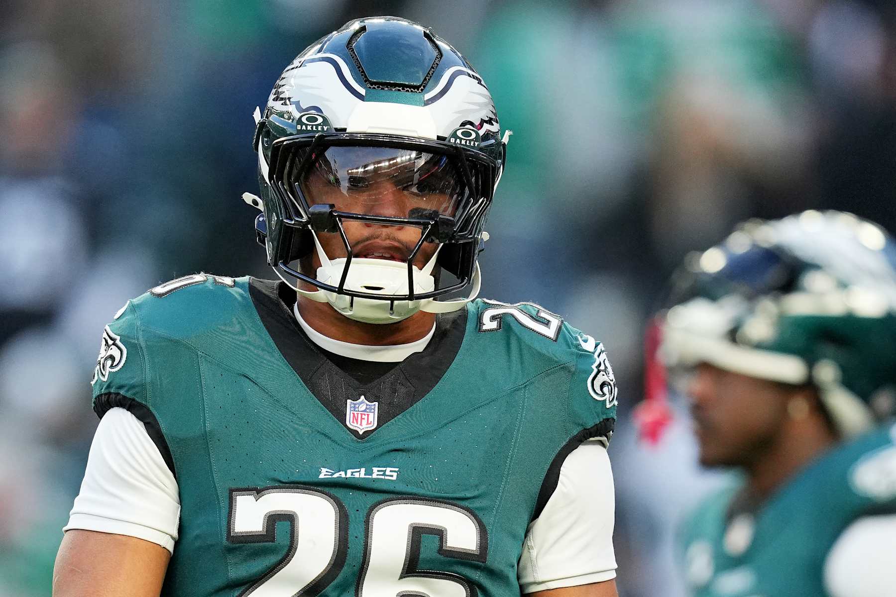 PHILADELPHIA, PENNSYLVANIA - JANUARY 12: Saquon Barkley #26 of the Philadelphia Eagles warms up prior to a game against the Green Bay Packers during the NFC Wild Card Playoff at Lincoln Financial Field on January 12, 2025 in Philadelphia, Pennsylvania.  (Photo by Mitchell Leff/Getty Images)