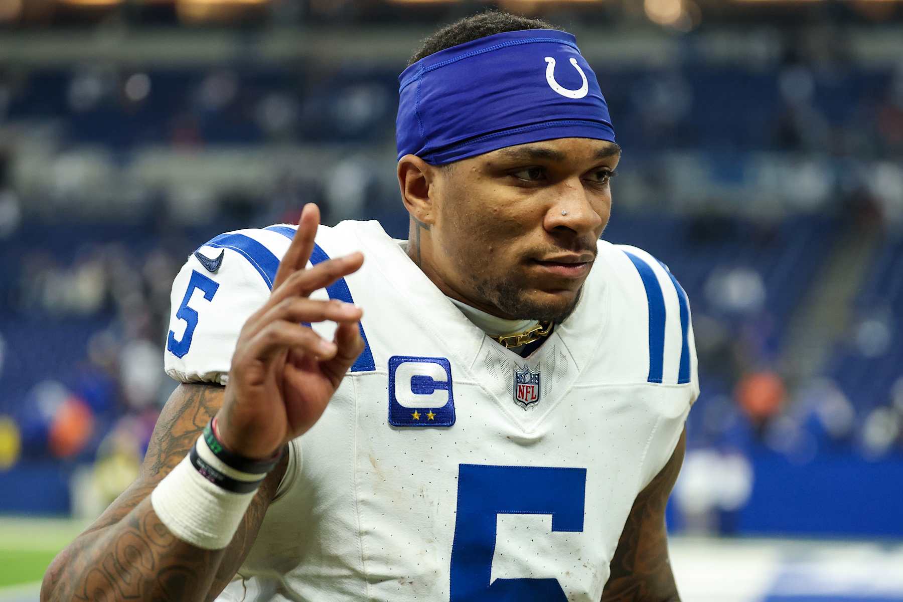 INDIANAPOLIS, INDIANA - DECEMBER 22: Anthony Richardson #5 of the Indianapolis Colts reacts after their 38-30 win over the Tennessee Titans at Lucas Oil Stadium on December 22, 2024 in Indianapolis, Indiana. (Photo by Andy Lyons/Getty Images)