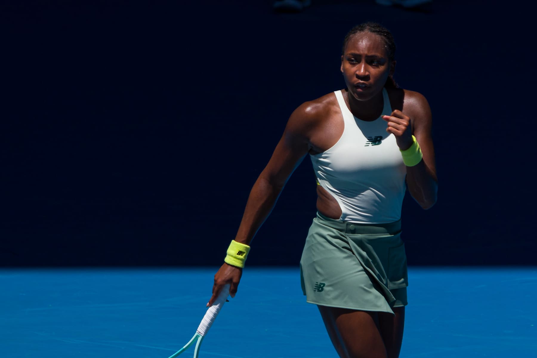 MELBOURNE, AUSTRALIA - JANUARY 13: Coco Gauff of the United States celebrates a point against Sofia Kenin of the United States in the Women's Singles First Round match during day two of the 2025 Australian Open at Melbourne Park on January 13, 2025 in Melbourne, Australia. (Photo by Andy Cheung/Getty Images)