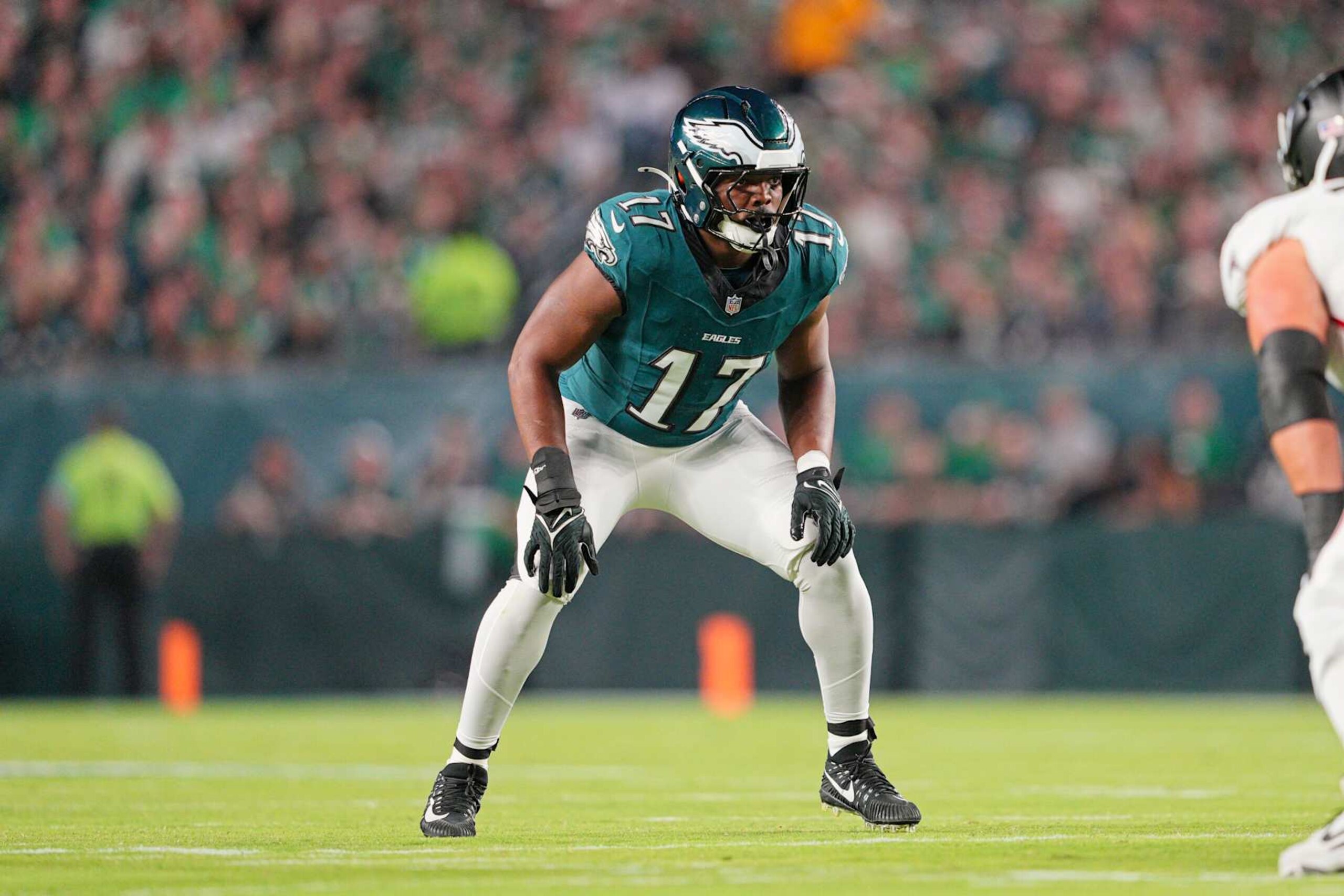 PHILADELPHIA, PA - SEPTEMBER 16: Philadelphia Eagles linebacker Nakobe Dean (17) rushes during the game between the Philadelphia Eagles and the Atlanta Falcons on September 15, 2024 at Lincoln Financial Field in Philadelphia, PA. (Photo by Andy Lewis/Icon Sportswire via Getty Images) PHILADELPHIA, PA - SEPTEMBER 16: Philadelphia Eagles linebacker Nakobe Dean (17) rushes during the game between the Philadelphia Eagles and the Atlanta Falcons on September 15, 2024 at Lincoln Financial Field in Philadelphia, PA. (Photo by Andy Lewis/Icon Sportswire via Getty Images)