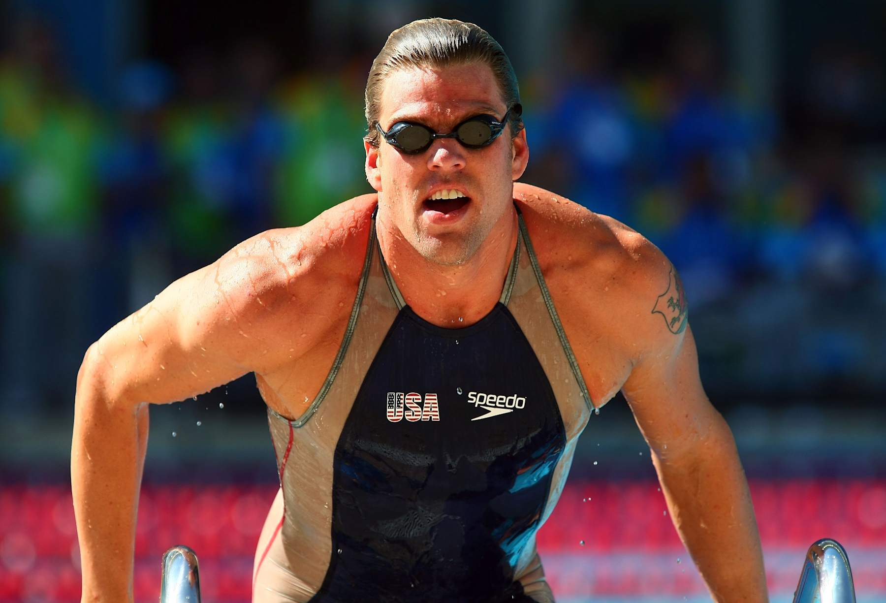 RIO DE JANIERO, BRAZIL - JULY 22:  Gary Hall Jr. of the United States of America exits the pool after placing fifth in the Men's 50 meter Freestyle final during the 2007 XV Pan American Games at the Aquatic Park on July 22, 2007 in Rio de Janeiro, Brazil.  (Photo by Donald Miralle/Getty Images)