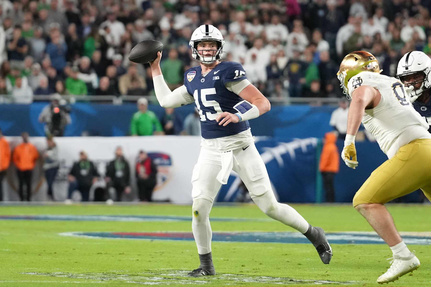 MIAMI GARDENS, FL - JANUARY 09: Penn State Nittany Lions quarterback Drew Allar (15) makes a pass attempt in the first half during the Penn State Nittany Lions versus Notre Dame Fighting Irish College Football Playoff Semifinal at the Capital One Orange Bowl on January 9, 2025, at Hard Rock Stadium in Miami Gardens, FL. (Photo by Peter Joneleit/Icon Sportswire via Getty Images)