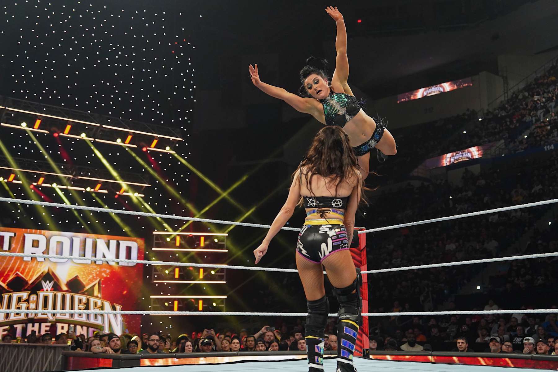 HARTFORD, CONNECTICUT - MAY 6: Lyra Valkyria and Dakota Kai in action during Monday Night RAW at XL Center on May 6, 2024 in Hartford, Connecticut.  (Photo by WWE/Getty Images)