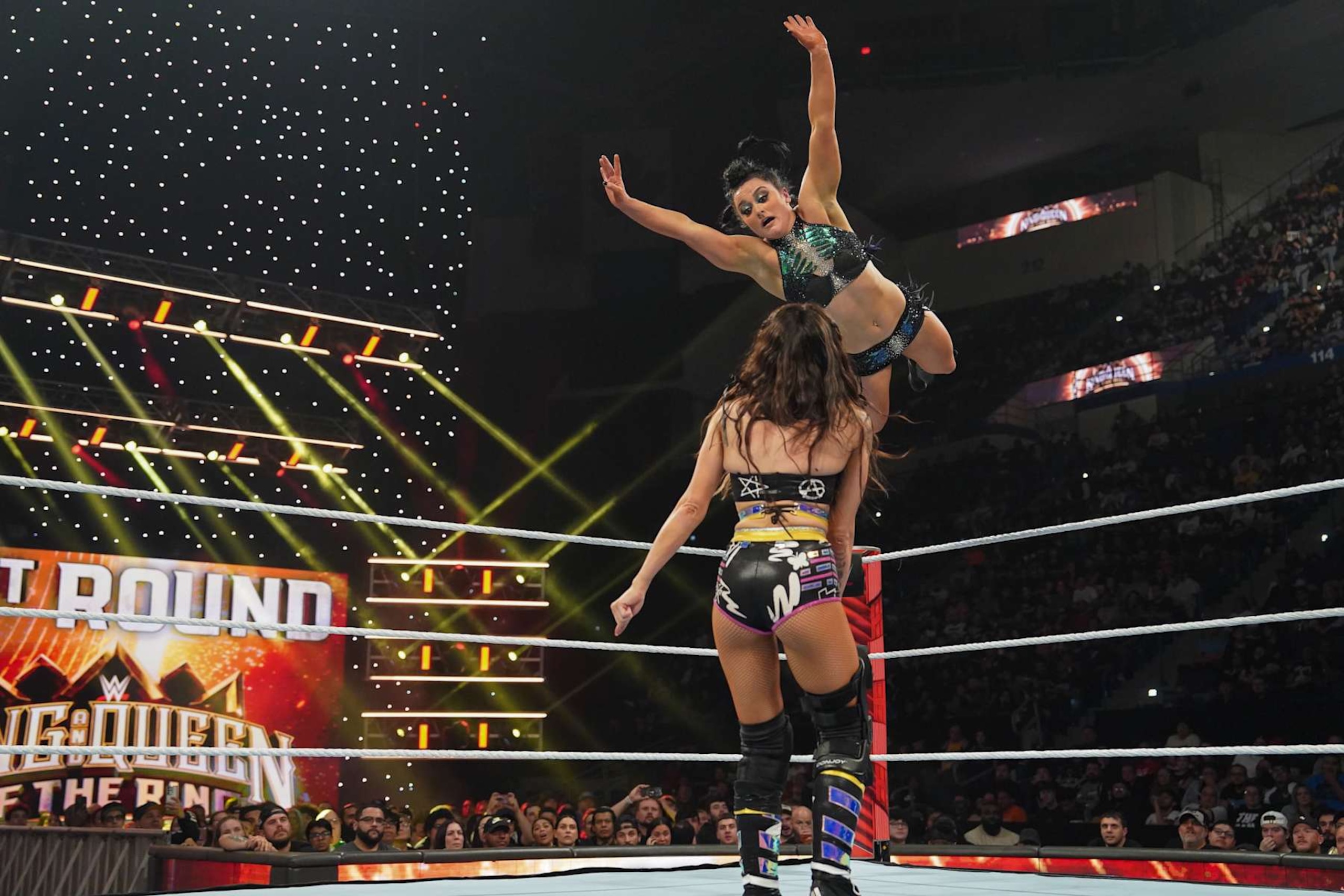 HARTFORD, CONNECTICUT - MAY 6: Lyra Valkyria and Dakota Kai in action during Monday Night RAW at XL Center on May 6, 2024 in Hartford, Connecticut.  (Photo by WWE/Getty Images)