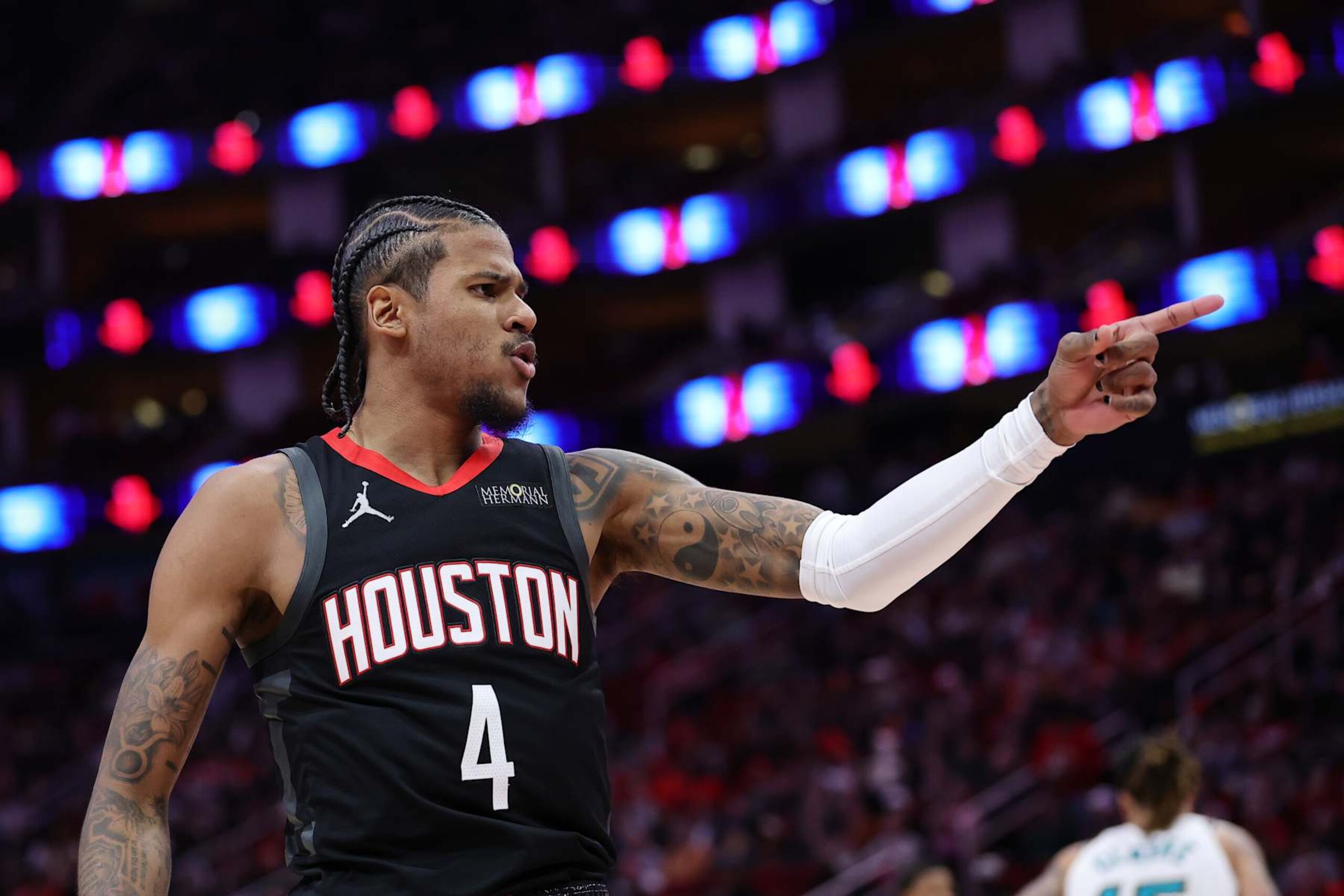 HOUSTON, TEXAS - JANUARY 13: Jalen Green #4 of the Houston Rockets reacts after a basket against the Memphis Grizzlies during the first half at Toyota Center on January 13, 2025 in Houston, Texas. NOTE TO USER: User expressly acknowledges and agrees that, by downloading and or using this photograph, User is consenting to the terms and conditions of the Getty Images License Agreement. (Photo by Alex Slitz/Getty Images)