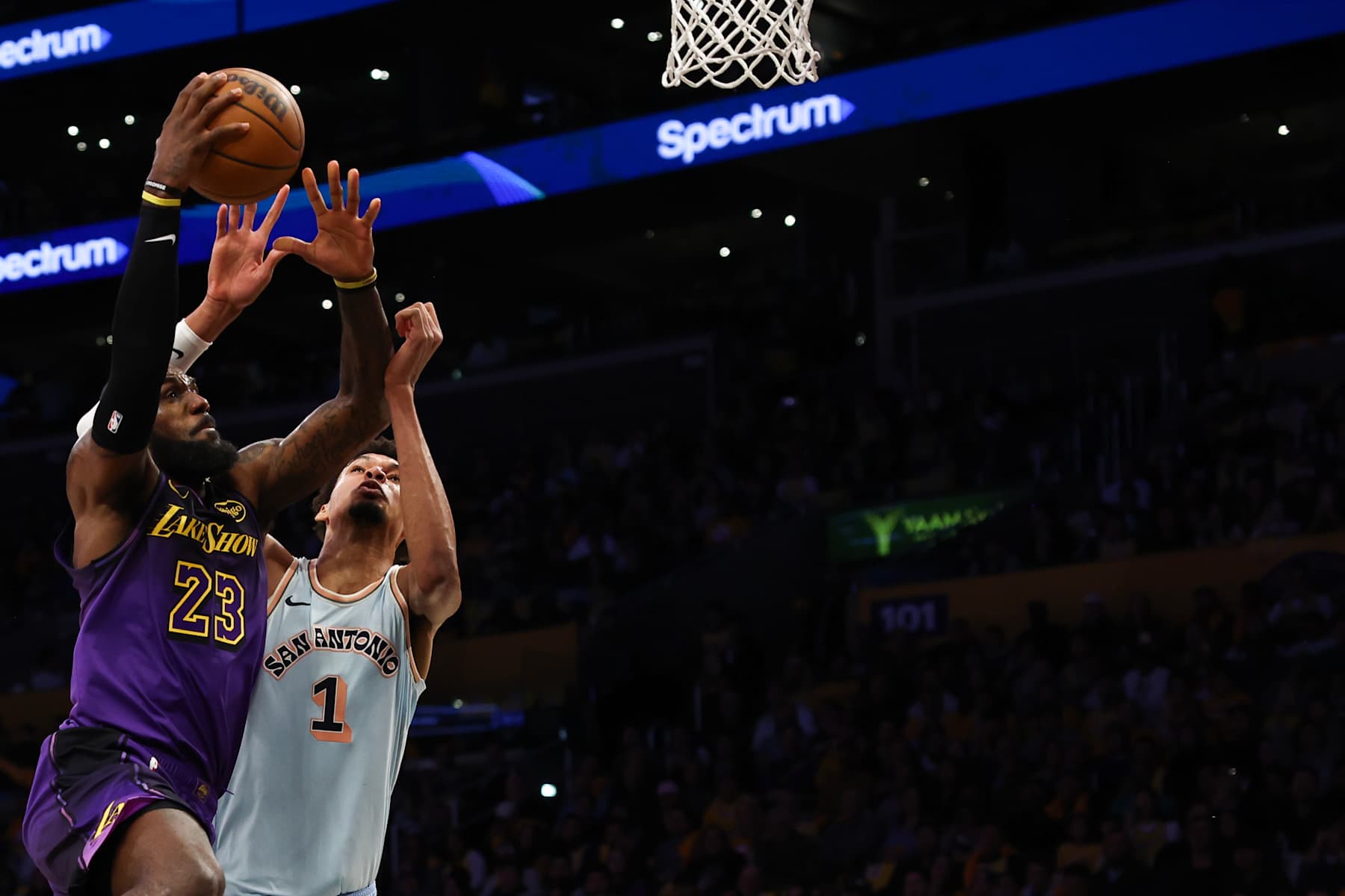 LOS ANGELES, CALIFORNIA - JANUARY 13: LeBron James #23 of the Los Angeles Lakers drives to the basket against Victor Wembanyama #1 of the San Antonio Spurs during the second quarter at Crypto.com Arena on January 13, 2025 in Los Angeles, California. NOTE TO USER: User expressly acknowledges and agrees that, by downloading and/or using this Photograph, user is consenting to the terms and conditions of the Getty Images License Agreement. (Photo by Katelyn Mulcahy/Getty Images) LOS ANGELES, CALIFORNIA - JANUARY 13: LeBron James #23 of the Los Angeles Lakers drives to the basket against Victor Wembanyama #1 of the San Antonio Spurs during the second quarter at Crypto.com Arena on January 13, 2025 in Los Angeles, California. NOTE TO USER: User expressly acknowledges and agrees that, by downloading and/or using this Photograph, user is consenting to the terms and conditions of the Getty Images License Agreement. (Photo by Katelyn Mulcahy/Getty Images)