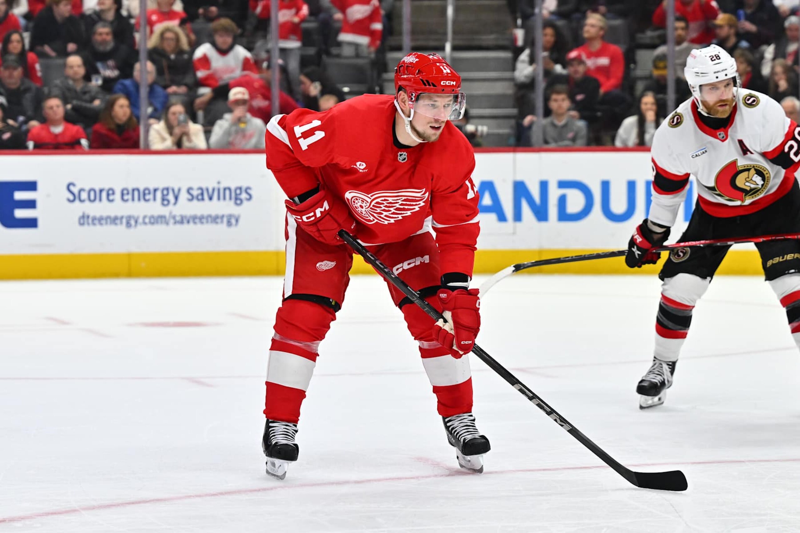DETROIT, MI - JANUARY 07: Detroit Red Wings right wing Vladimir Tarasenko (11) during the game between the Detroit Red Wings and the Ottawa Senators Tuesday January 7, 2025 at Little Caesars Arena in Detroit, MI. (Photo by Steven King/Icon Sportswire via Getty Images)