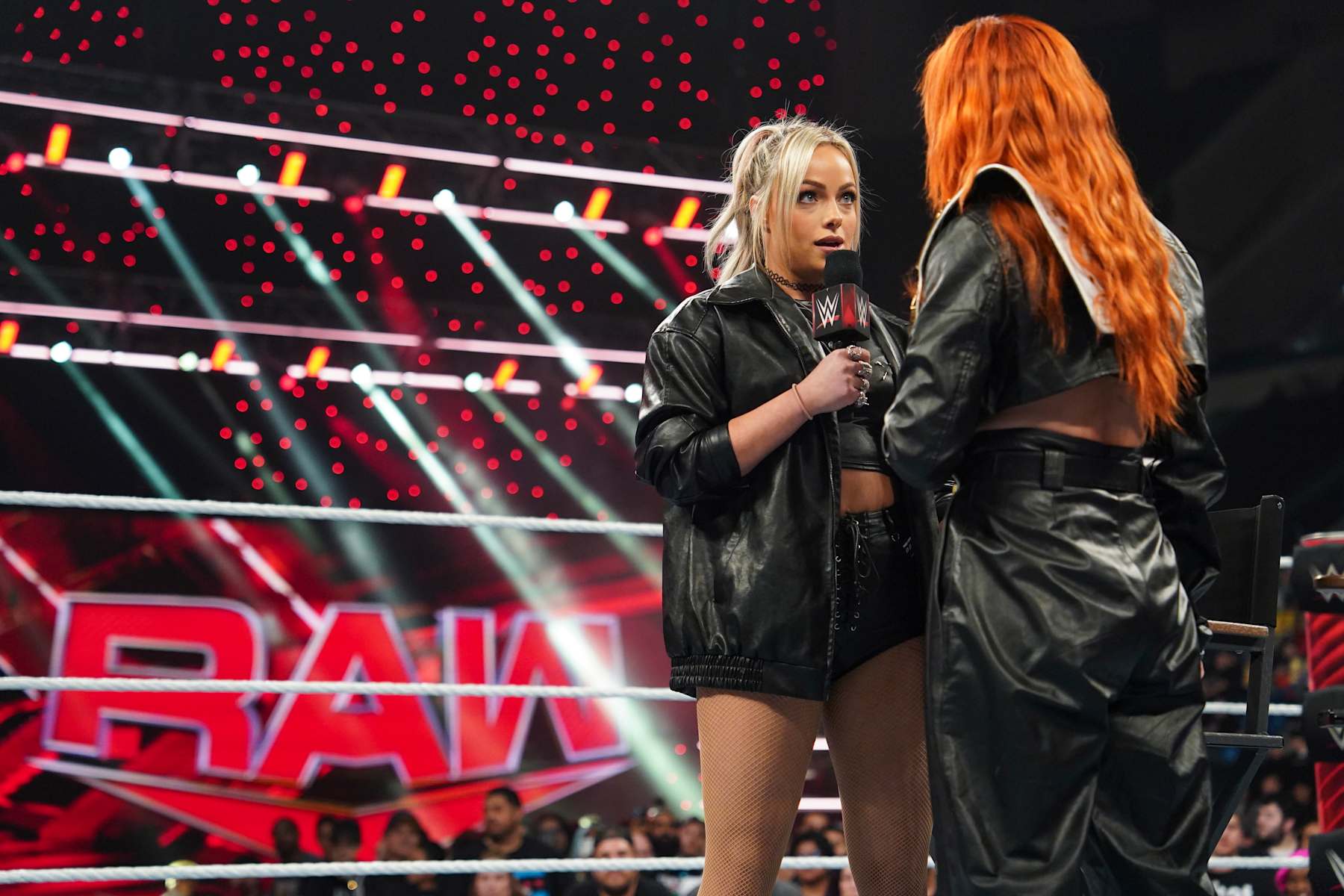 HARTFORD, CONNECTICUT - MAY 6: Liv Morgan confronts the WWE Women's World Champion, Becky Lynch during Monday Night RAW at XL Center on May 6, 2024 in Hartford, Connecticut.  (Photo by WWE/Getty Images)