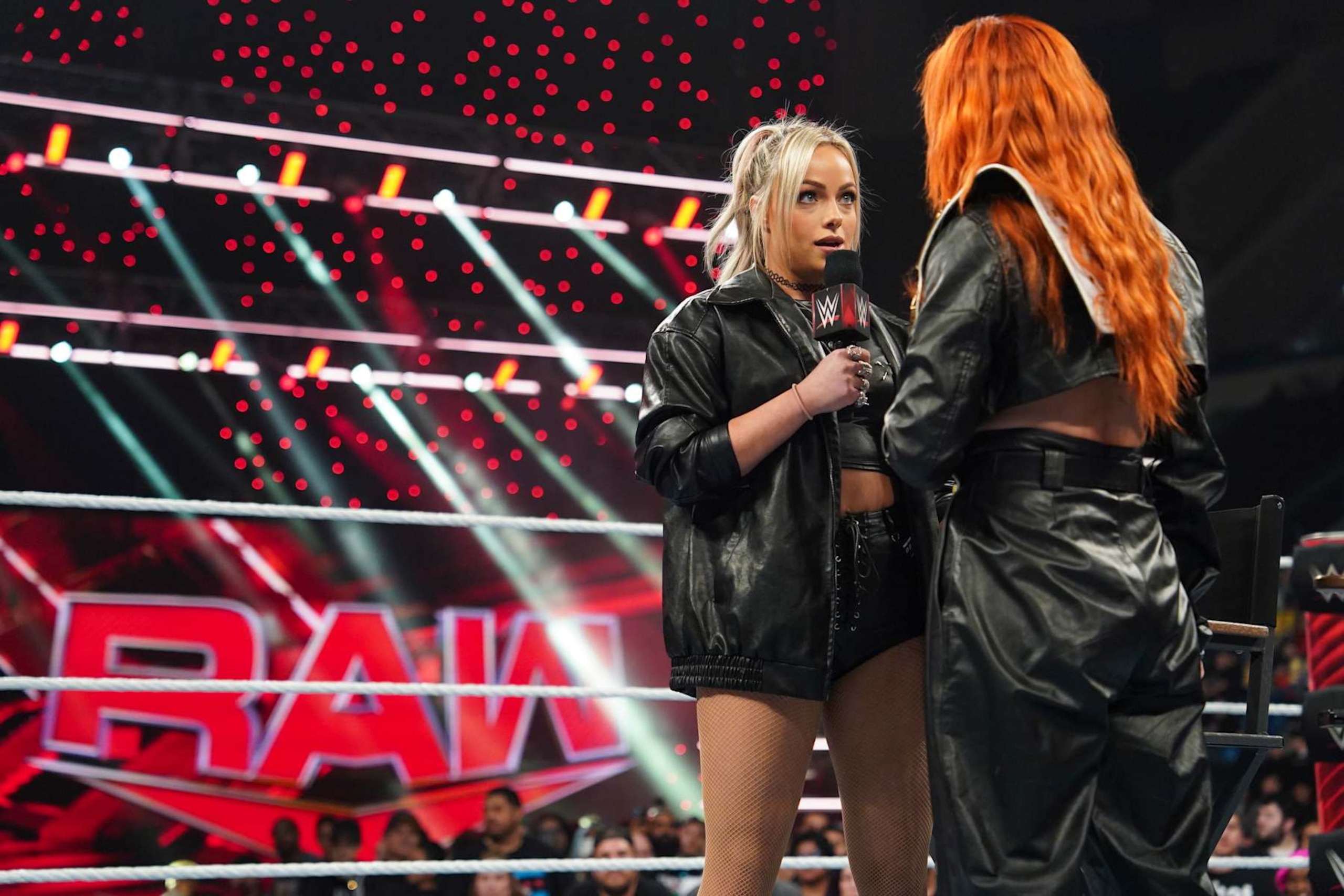 HARTFORD, CONNECTICUT - MAY 6: Liv Morgan confronts the WWE Women's World Champion, Becky Lynch during Monday Night RAW at XL Center on May 6, 2024 in Hartford, Connecticut.  (Photo by WWE/Getty Images)