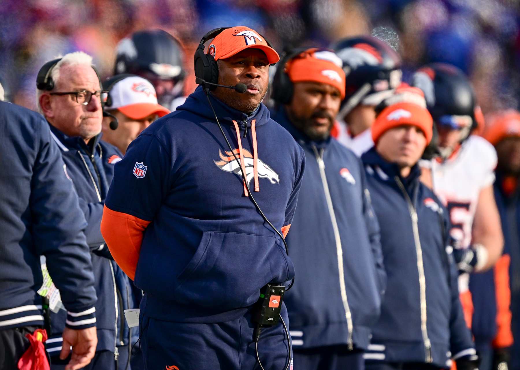 ORCHARD PARK, NY - JANUARY 12: Denver Broncos defensive coordinator Vance Joseph works the sidelines during the third quarter against the Buffalo Bills at Highmark Stadium in Orchard Park, New York on Sunday, January 12, 2025. (Photo by AAron Ontiveroz/The Denver Post)