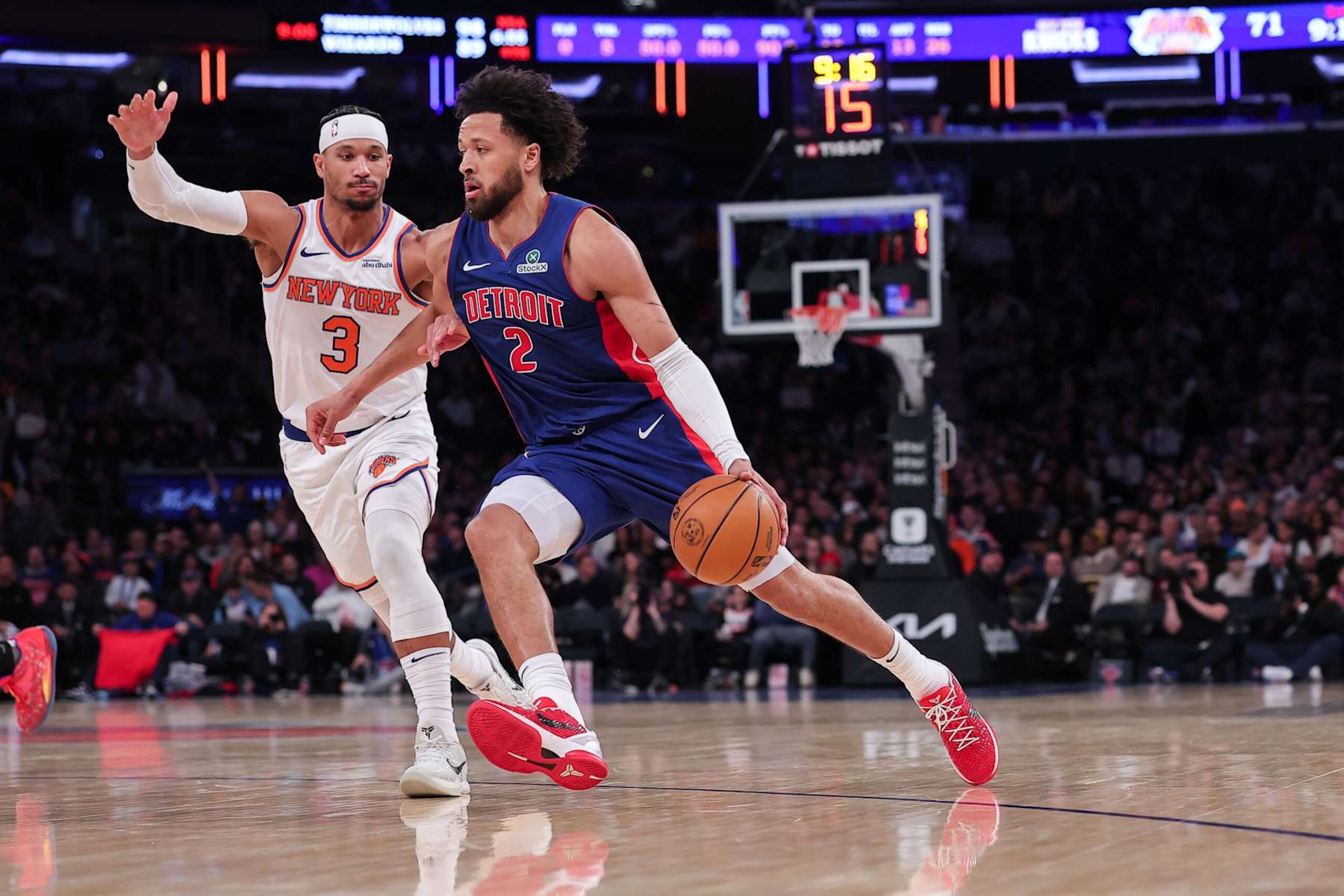 NEW YORK, NEW YORK - JANUARY 13: Cade Cunningham #2 of the Detroit Pistons is defended by Josh Hart #3 of the New York Knicks during the third quarter of the game at Madison Square Garden on January 13, 2025 in New York City. NOTE TO USER: User expressly acknowledges and agrees that, by downloading and or using this photograph, User is consenting to the terms and conditions of the Getty Images License Agreement. (Photo by Dustin Satloff/Getty Images) NEW YORK, NEW YORK - JANUARY 13: Cade Cunningham #2 of the Detroit Pistons is defended by Josh Hart #3 of the New York Knicks during the third quarter of the game at Madison Square Garden on January 13, 2025 in New York City. NOTE TO USER: User expressly acknowledges and agrees that, by downloading and or using this photograph, User is consenting to the terms and conditions of the Getty Images License Agreement. (Photo by Dustin Satloff/Getty Images)