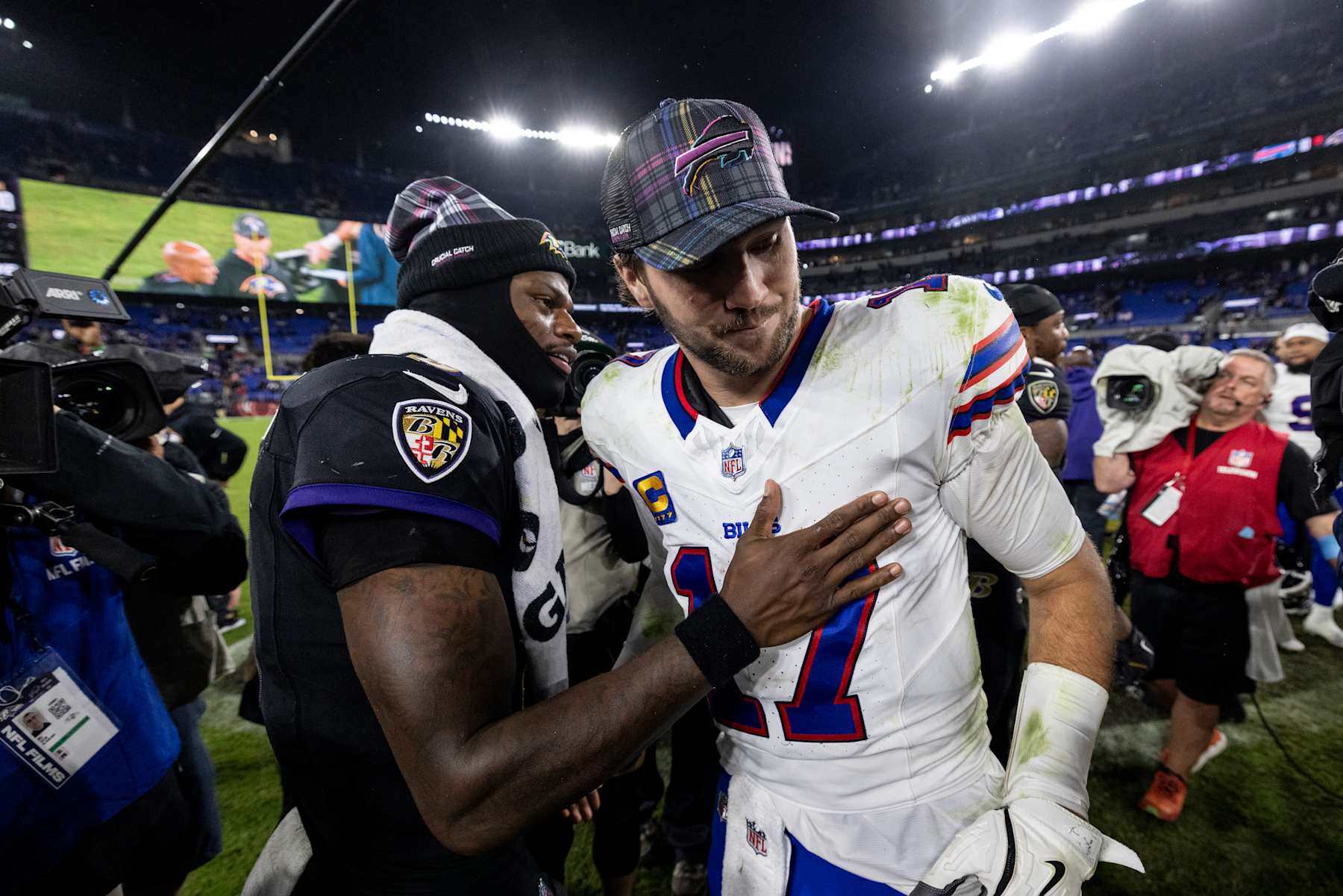 BALTIMORE, MARYLAND - SEPTEMBER 29: Lamar Jackson #8 of the Baltimore Ravens and Josh Allen #17 of the Buffalo Bills meet following an NFL football game at M&T Bank Stadium on September 29, 2024 in Baltimore, Maryland. (Photo by Michael Owens/Getty Images)