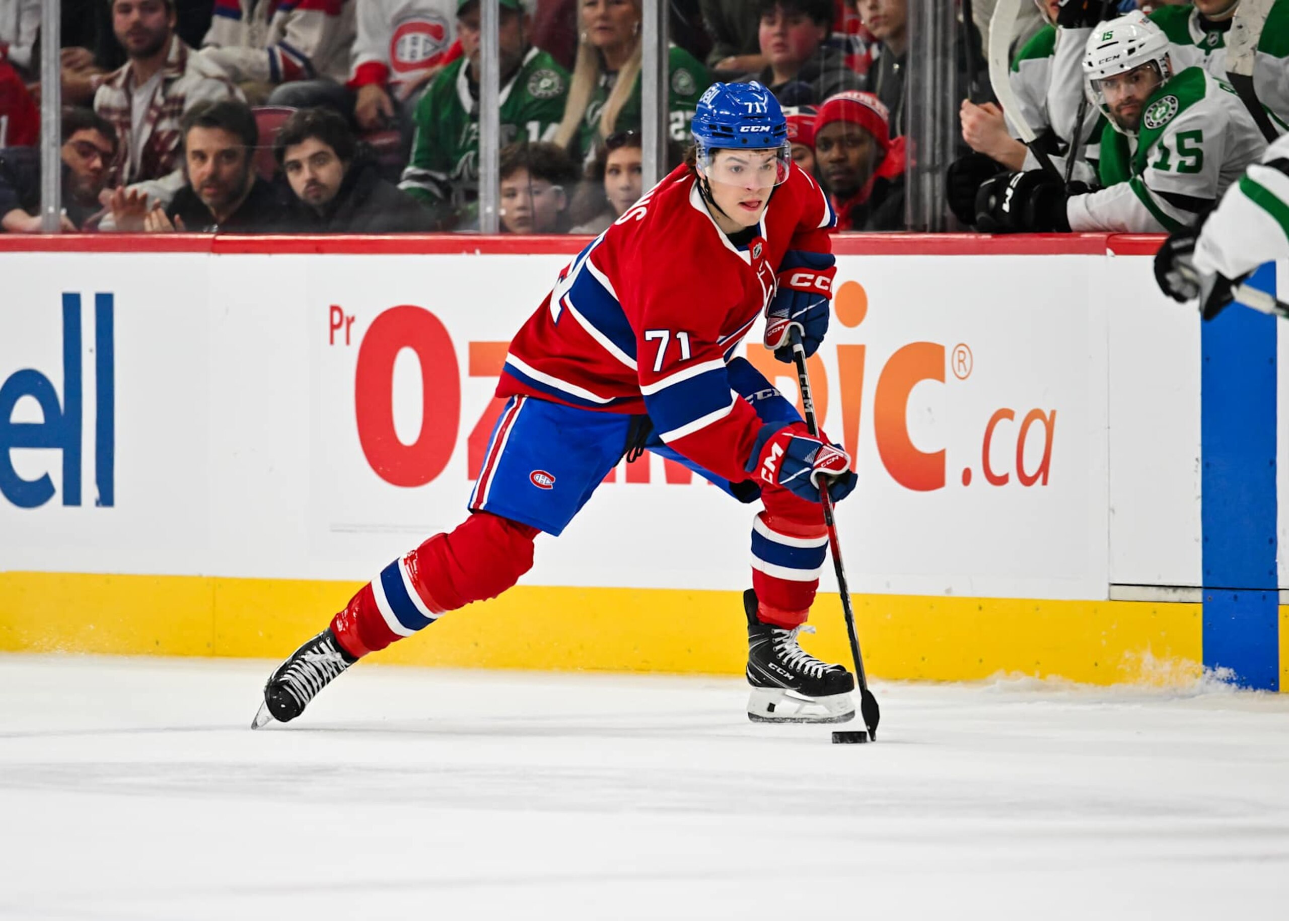 MONTREAL, CANADA - JANUARY 11: Jake Evans #71 of the Montreal Canadiens skates the puck during overtime against the Dallas Stars at the Bell Centre on January 11, 2025 in Montreal, Quebec, Canada.  The Dallas Stars defeated the Montreal Canadiens 2-1 in a shootout.  (Photo by Minas Panagiotakis/Getty Images)