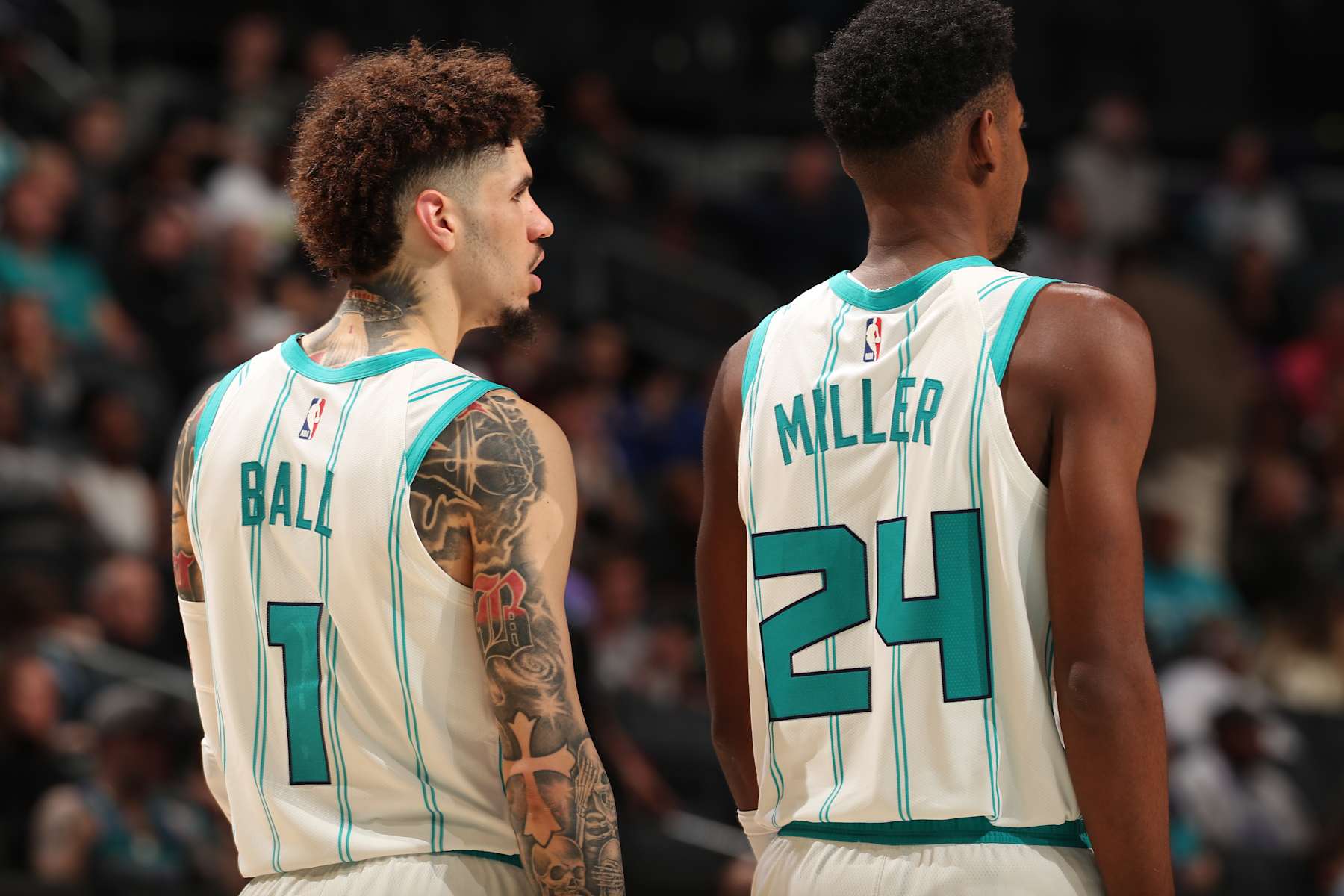 CHARLOTTE, NC - NOVEMBER 25:   LaMelo Ball #1 and Brandon Miller #24 of the Charlotte Hornets during the game against the Orlando Magicduring a regular season game on November 25, 2024 at Spectrum Center in Charlotte, North Carolina. NOTE TO USER: User expressly acknowledges and agrees that, by downloading and or using this photograph, User is consenting to the terms and conditions of the Getty Images License Agreement. Mandatory Copyright Notice: Copyright 2024 NBAE (Photo by Kent Smith/NBAE via Getty Images)