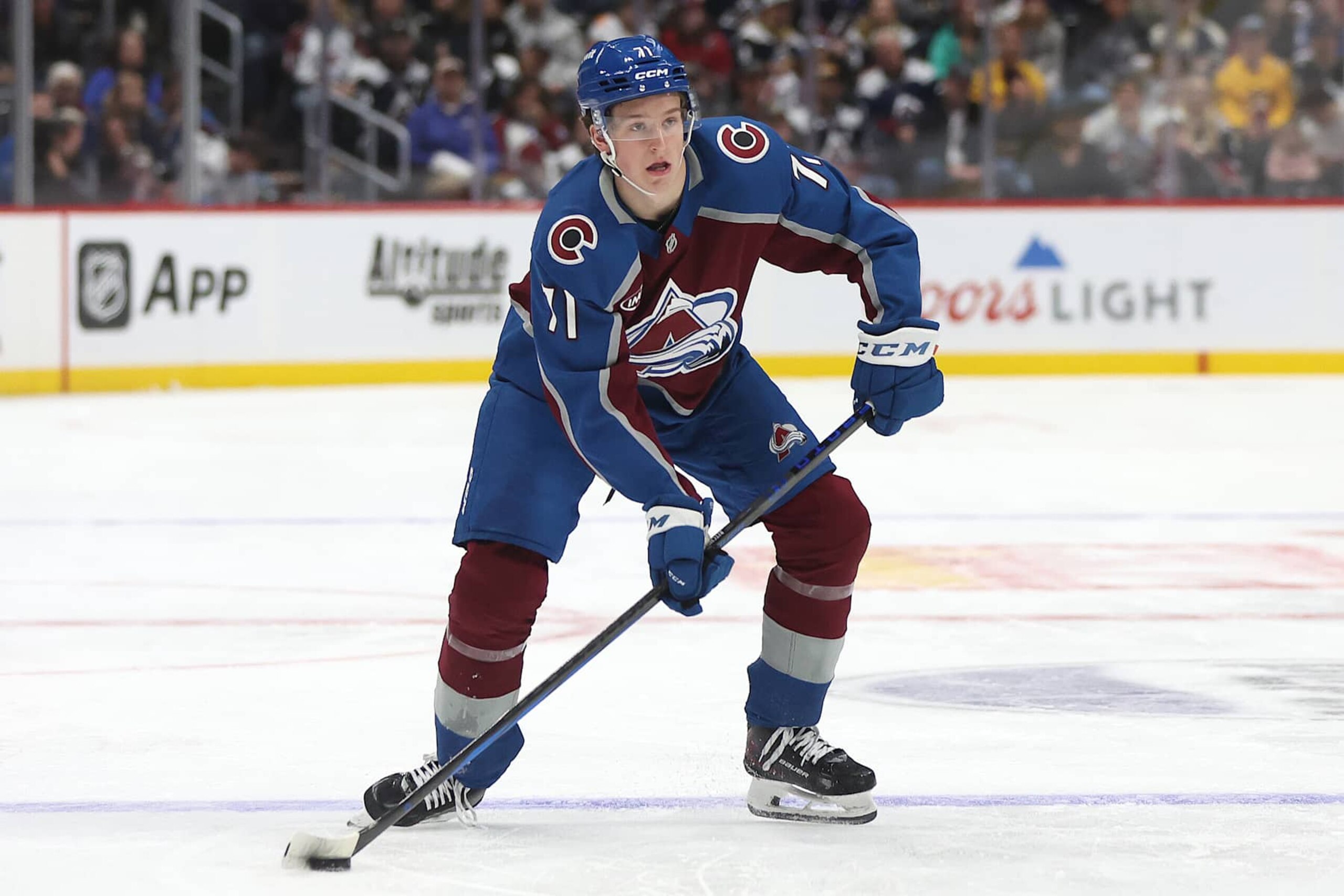 DENVER, COLORADO - OCTOBER 18: Calum Ritchie #71 of the Colorado Avalanche plays the Anaheim Ducks in the second period  at Ball Arena on October 18, 2024 in Denver, Colorado. (Photo by Matthew Stockman/Getty Images)