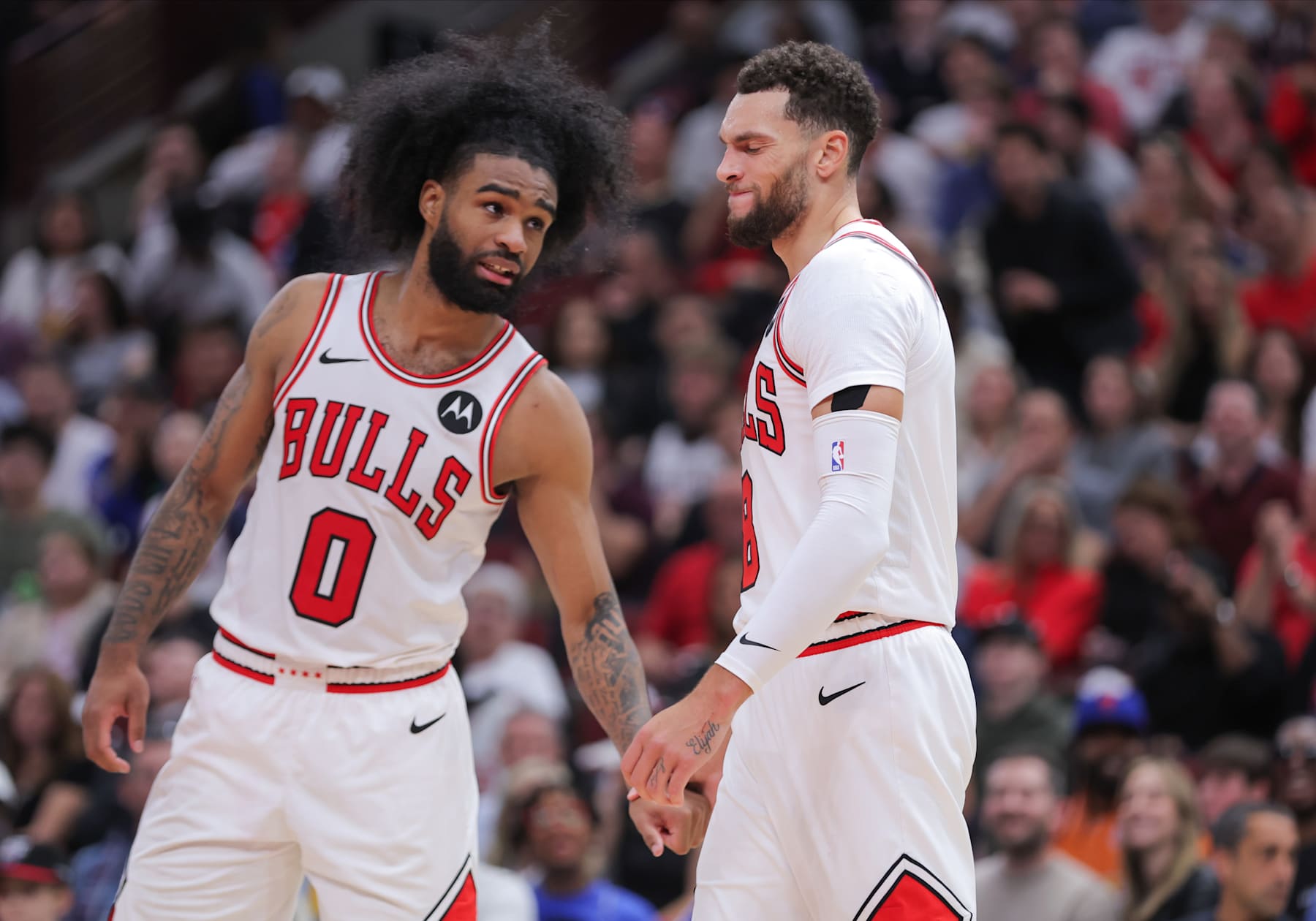 CHICAGO, IL - OCTOBER 30: Chicago Bulls guard Zach LaVine (8) and Chicago Bulls guard Coby White (0) during the second half against the Orlando Magic on October 30, 2024 at the United Center in Chicago, Illinois. (Photo by Melissa Tamez/Icon Sportswire via Getty Images)