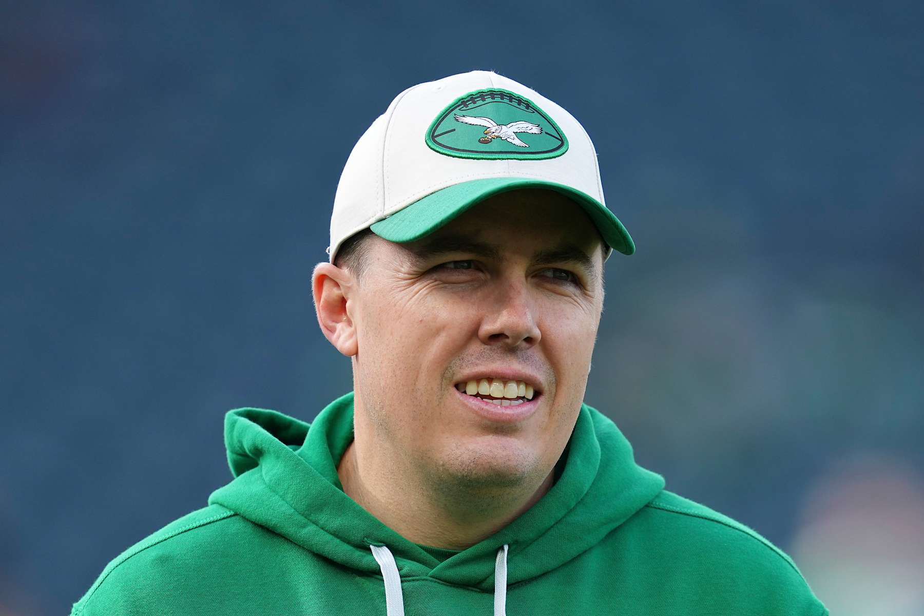 PHILADELPHIA, PENNSYLVANIA - DECEMBER 29: Offensive coordinator Kellen Moore of the Philadelphia Eagles looks on prior to the game against the Dallas Cowboys at Lincoln Financial Field on December 29, 2024 in Philadelphia, Pennsylvania. (Photo by Mitchell Leff/Getty Images)