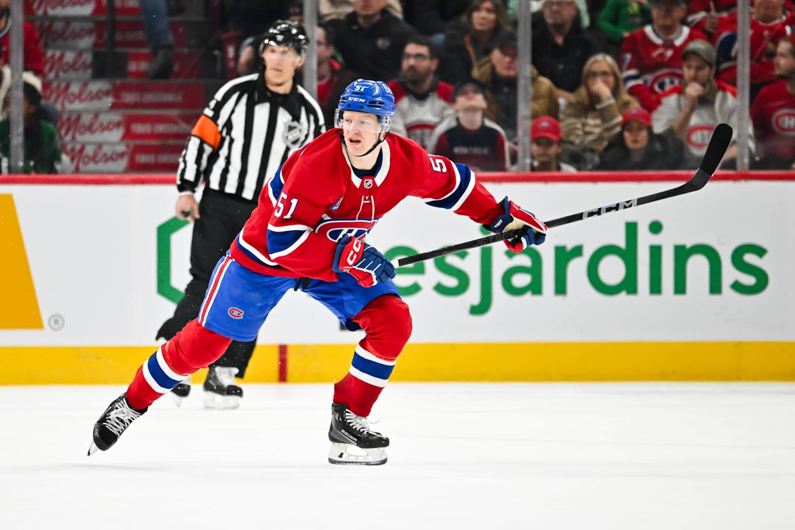 MONTREAL, CANADA - JANUARY 11: Emil Heineman #51 of the Montreal Canadiens skates during the second period against the Dallas Stars at the Bell Centre on January 11, 2025 in Montreal, Quebec, Canada.  The Dallas Stars defeated the Montreal Canadiens 2-1 in a shootout.  (Photo by Minas Panagiotakis/Getty Images)
