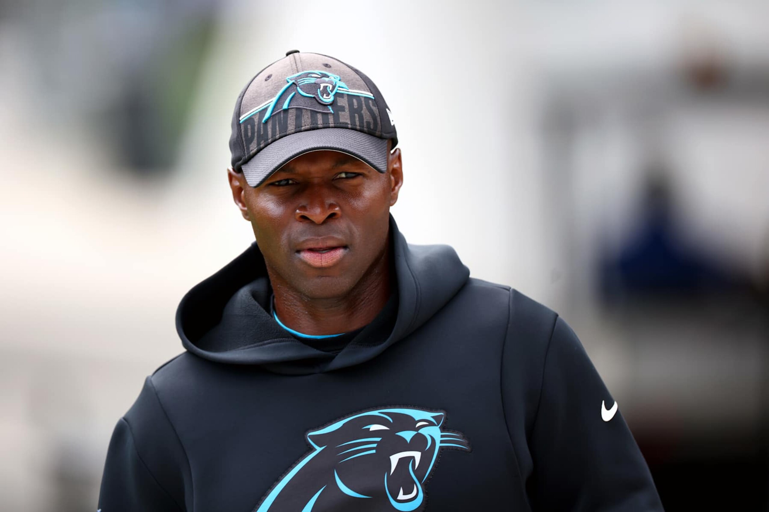 CHARLOTTE, NORTH CAROLINA - JUNE 04: Defensive coordinator Ejiro Evero of the Carolina Panthers attends Carolina Panthers OTA Offseason Workout on June 04, 2024 in Charlotte, North Carolina. (Photo by Jared C. Tilton/Getty Images)