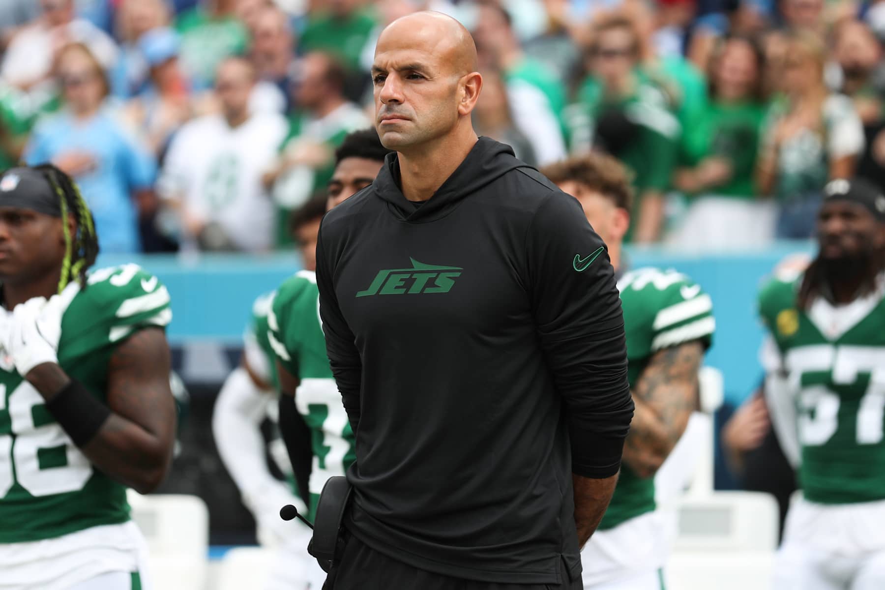 NASHVILLE, TENNESSEE - SEPTEMBER 15: New York Jets head coach Robert Saleh looks on before a game against the Tennessee Titans at Nissan Stadium on September 15, 2024 in Nashville, Tennessee. (Photo by Justin Ford/Getty Images)