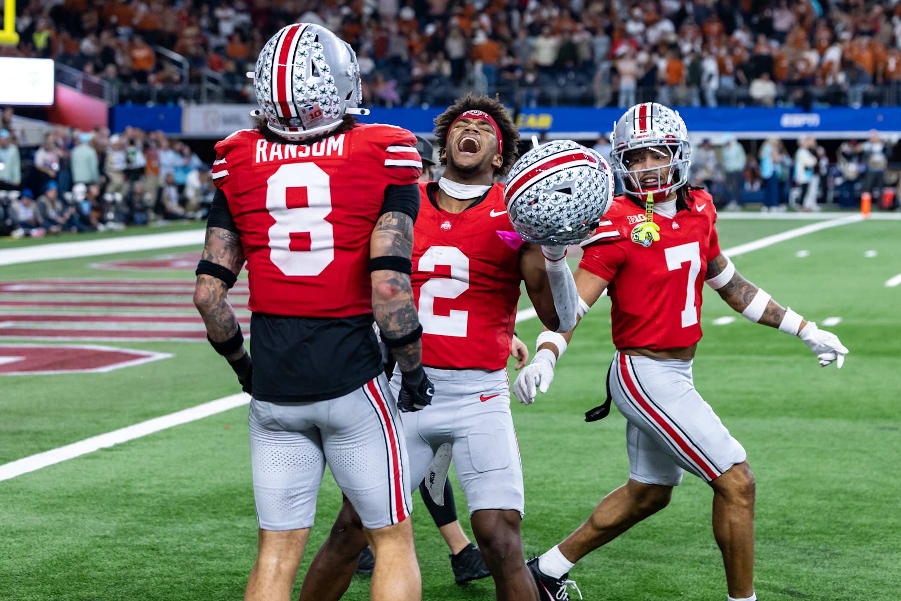 ARLINGTON, TX - JANUARY 10: Ohio State Buckeyes linebacker Kourt Williams II (#2) celebrates after intercepting a pass during the CFP Semifinal Cotton Bowl Classic football game between the Ohio State Buckeyes and Texas Longhorns on January 10, 2025 at AT&T Stadium in Arlington, TX.  (Photo by Matthew Visinsky/Icon Sportswire via Getty Images)