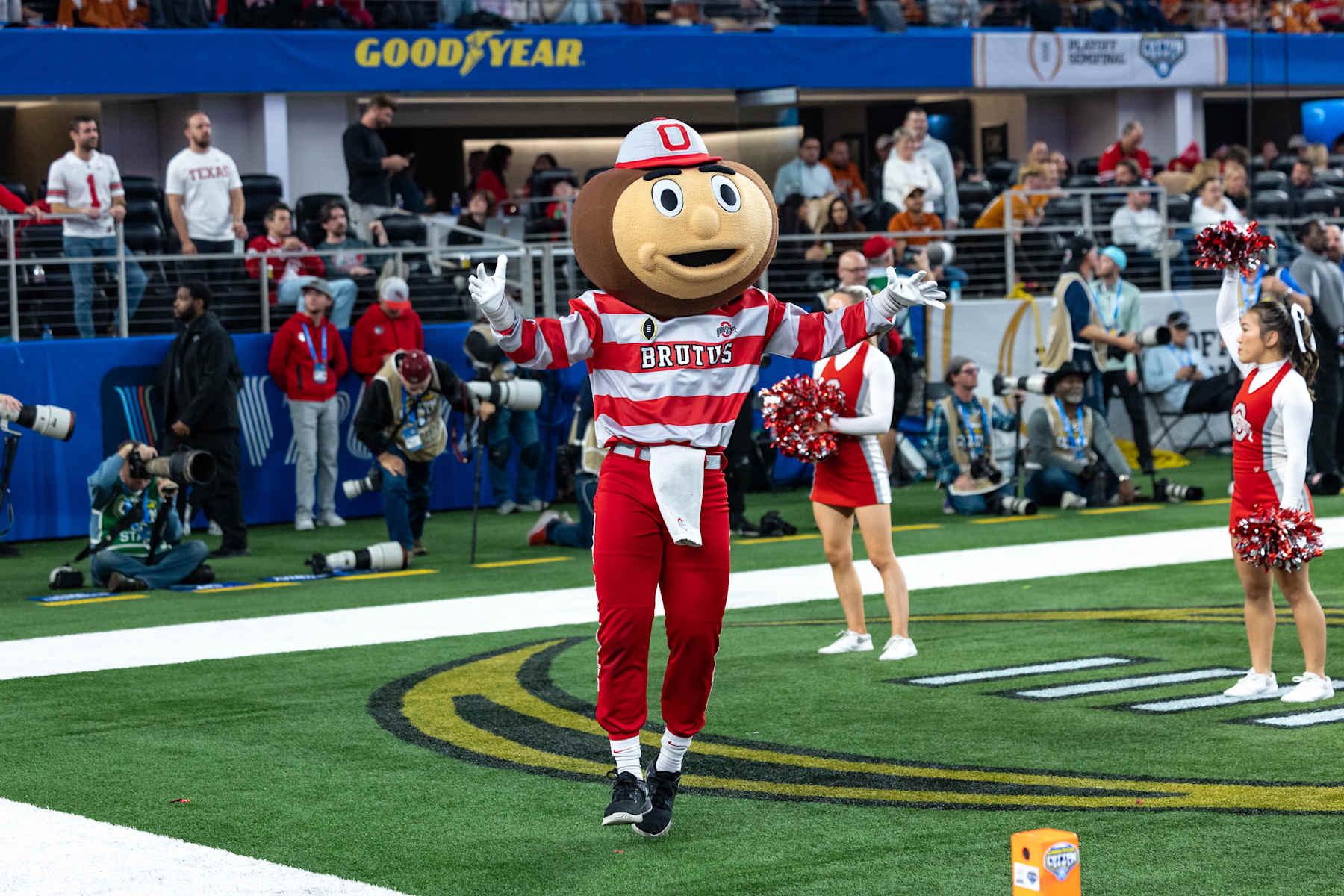 ARLINGTON, TX - JANUARY 10: Ohio State Buckeyes mascot Brutus celebrates after a touchdown during the CFP Semifinal Cotton Bowl Classic football game between the Ohio State Buckeyes and Texas Longhorns on January 10, 2025 at AT&T Stadium in Arlington, TX.  (Photo by Matthew Visinsky/Icon Sportswire via Getty Images)