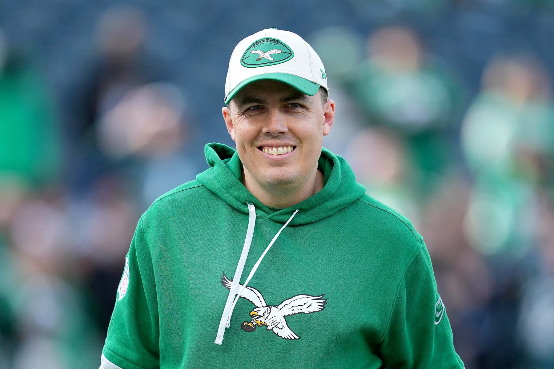 PHILADELPHIA, PENNSYLVANIA - DECEMBER 29: Offensive coordinator Kellen Moore of the Philadelphia Eagles looks on before the game against the Dallas Cowboys at Lincoln Financial Field on December 29, 2024 in Philadelphia, Pennsylvania. (Photo by Mitchell Leff/Getty Images)