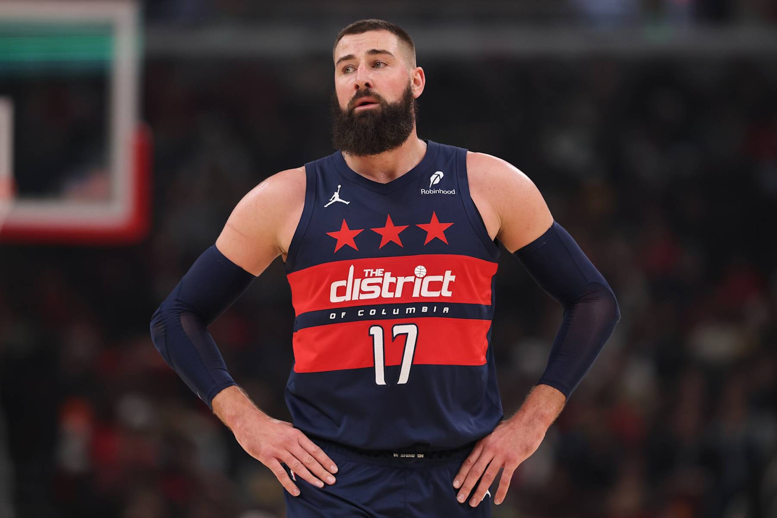CHICAGO, ILLINOIS - JANUARY 10: Jonas Valanciunas #17 of the Washington Wizards looks on against the Chicago Bulls during the second half at the United Center on January 10, 2025 in Chicago, Illinois. NOTE TO USER: User expressly acknowledges and agrees that, by downloading and or using this photograph, User is consenting to the terms and conditions of the Getty Images License Agreement.  (Photo by Michael Reaves/Getty Images)