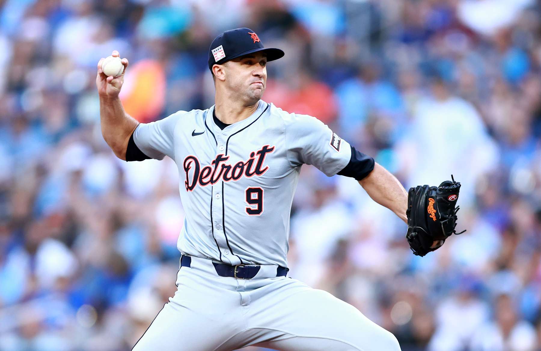 TORONTO, ON - JULY 19:  Jack Flaherty #9 of the Detroit Tigers delivers a pitch during a game against the Toronto Blue Jays at Rogers Centre on July 19, 2024 in Toronto, Ontario, Canada.  (Photo by Vaughn Ridley/Getty Images)