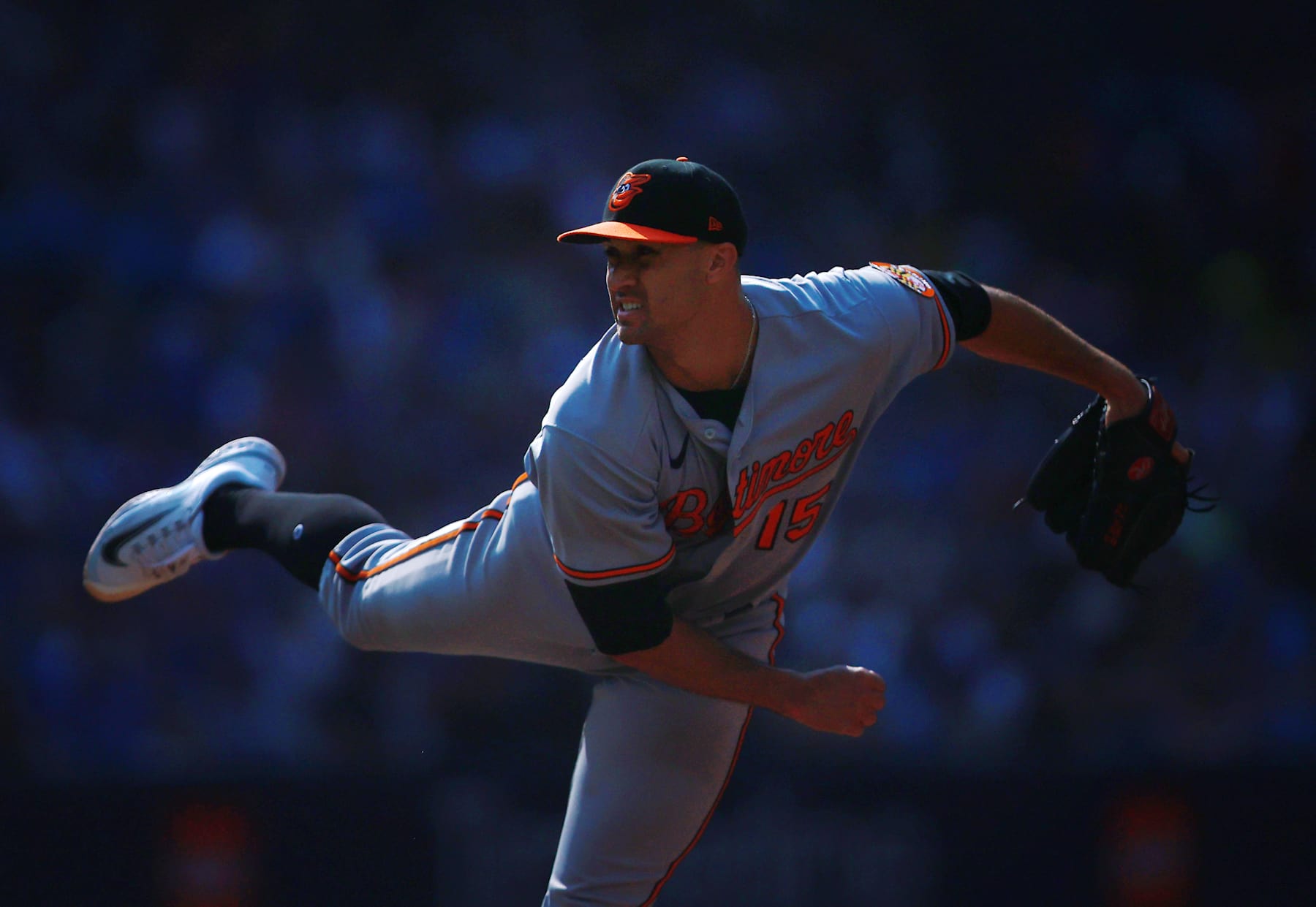 TORONTO, ON - AUGUST 3:  Jack Flaherty #15 of the Baltimore Orioles delivers a pitch against the Toronto Blue Jays at Rogers Centre on August 3, 2023 in Toronto, Ontario, Canada.  (Photo by Vaughn Ridley/Getty Images)
