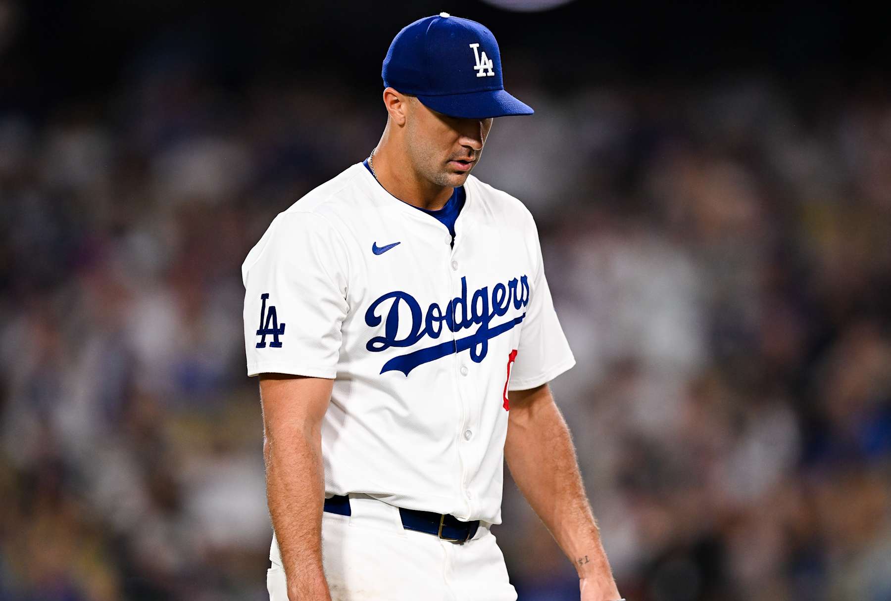 LOS ANGELES, CALIFORNIA - AUGUST 09: Jack Flaherty #0 of Los Angeles Dodgers reacts after been replaced in the top of the sixth inning during the regular season game against the Pittsburgh Pirates at Dodger Stadium on August 09, 2024 in Los Angeles, California. (Photo by Gene Wang/Getty Images)