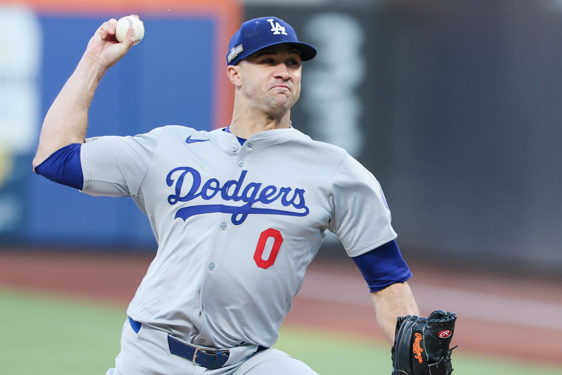 NEW YORK, NEW YORK - OCTOBER 18: Jack Flaherty #0 of the Los Angeles Dodgers delivers a pitch during the first inning in game five of the National League Championship Series against the New York Mets at Citi Field on Friday, Oct. 18, 2024 in New York. (Robert Gauthier / Los Angeles Times via Getty Images)