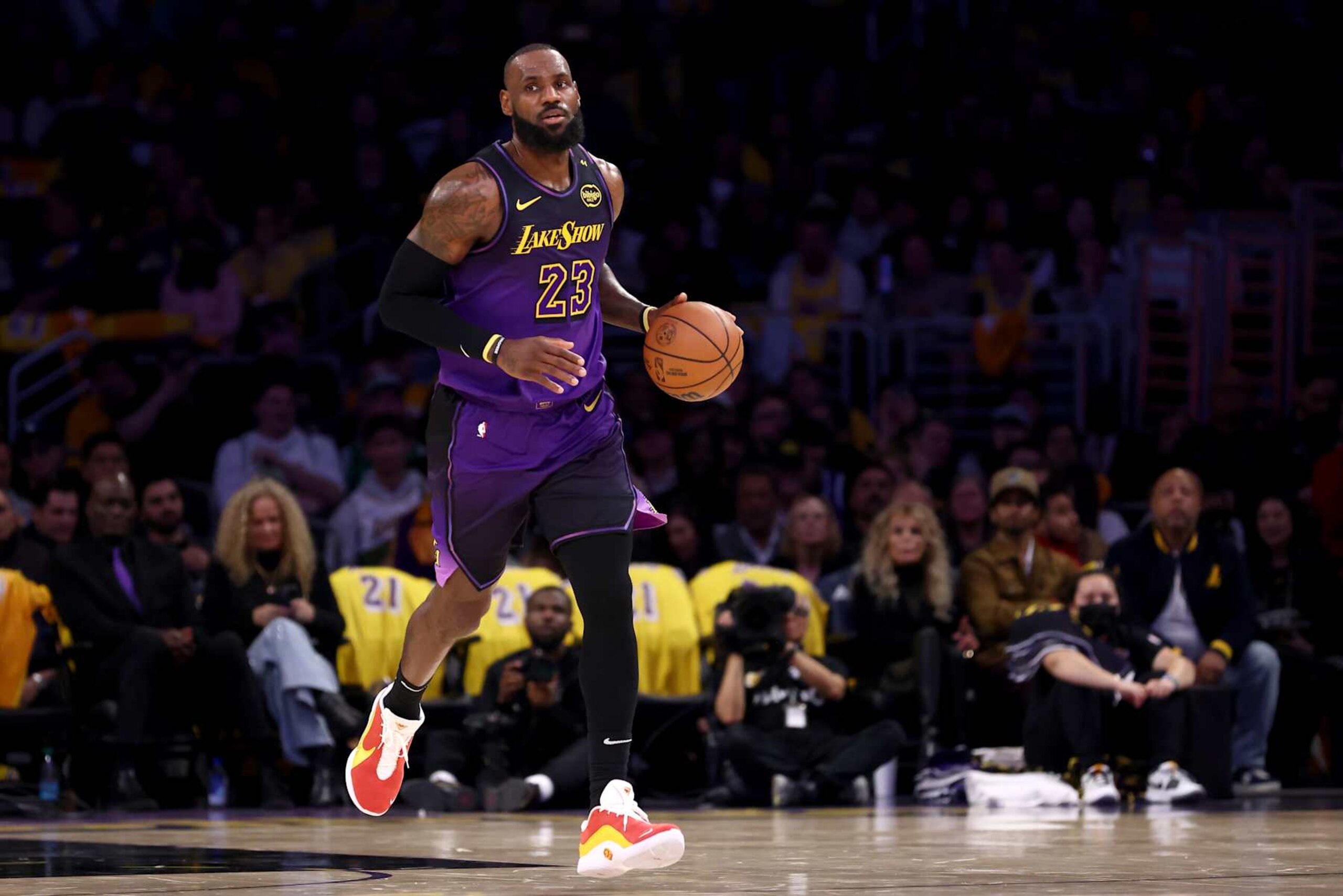 LOS ANGELES, CALIFORNIA - JANUARY 13: LeBron James #23 of the Los Angeles Lakers brings the ball up court against the San Antonio Spurs during the second quarter at Crypto.com Arena on January 13, 2025 in Los Angeles, California. NOTE TO USER: User expressly acknowledges and agrees that, by downloading and/or using this Photograph, user is consenting to the terms and conditions of the Getty Images License Agreement. (Photo by Katelyn Mulcahy/Getty Images) LOS ANGELES, CALIFORNIA - JANUARY 13: LeBron James #23 of the Los Angeles Lakers brings the ball up court against the San Antonio Spurs during the second quarter at Crypto.com Arena on January 13, 2025 in Los Angeles, California. NOTE TO USER: User expressly acknowledges and agrees that, by downloading and/or using this Photograph, user is consenting to the terms and conditions of the Getty Images License Agreement. (Photo by Katelyn Mulcahy/Getty Images)