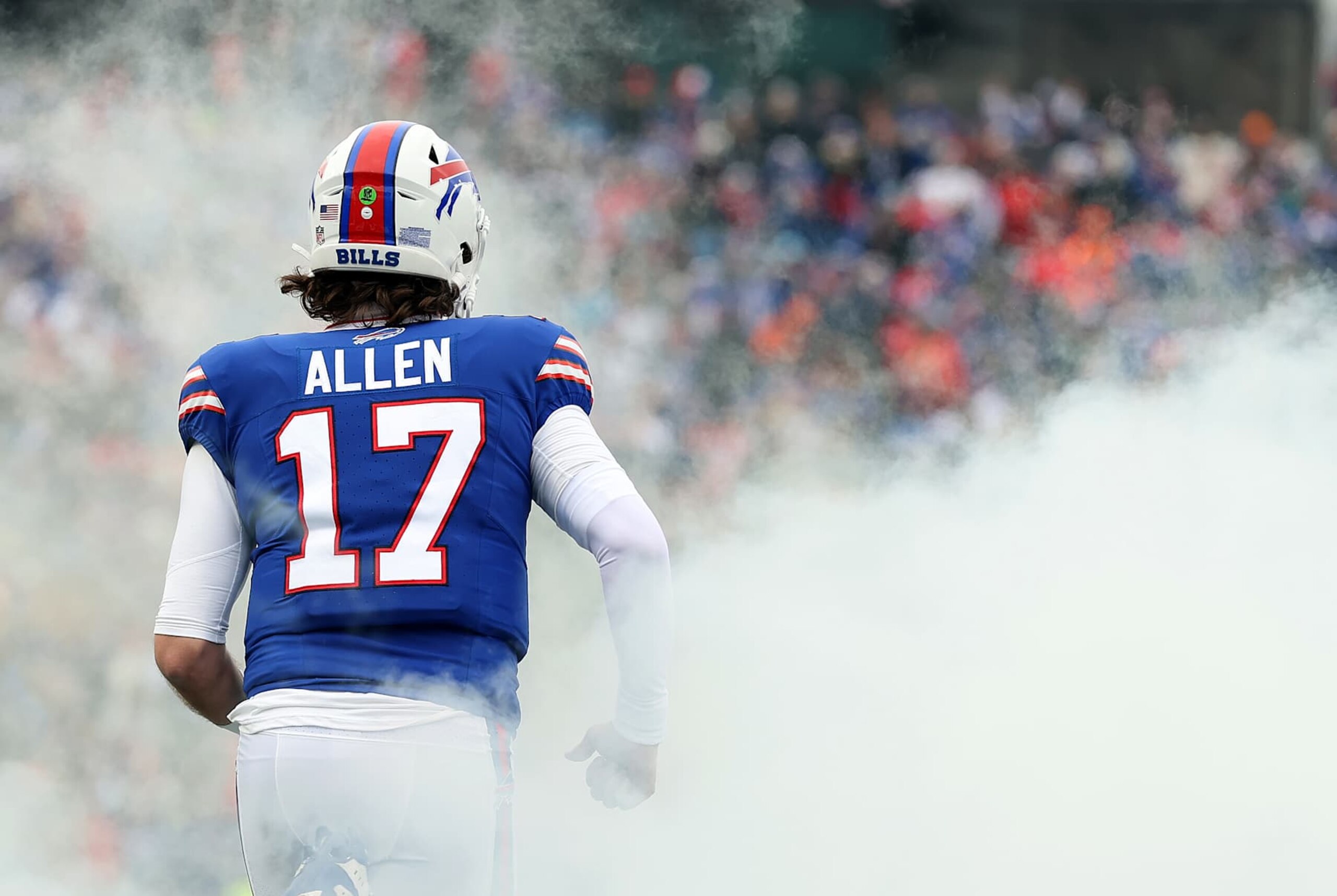 ORCHARD PARK, NEW YORK - JANUARY 12: Josh Allen #17 of the Buffalo Bills takes the field before the AFC Wild Card Playoff game against the Denver Broncos at Highmark Stadium on January 12, 2025 in Orchard Park, New York. (Photo by Elsa/Getty Images) ORCHARD PARK, NEW YORK - JANUARY 12: Josh Allen #17 of the Buffalo Bills takes the field before the AFC Wild Card Playoff game against the Denver Broncos at Highmark Stadium on January 12, 2025 in Orchard Park, New York. (Photo by Elsa/Getty Images)